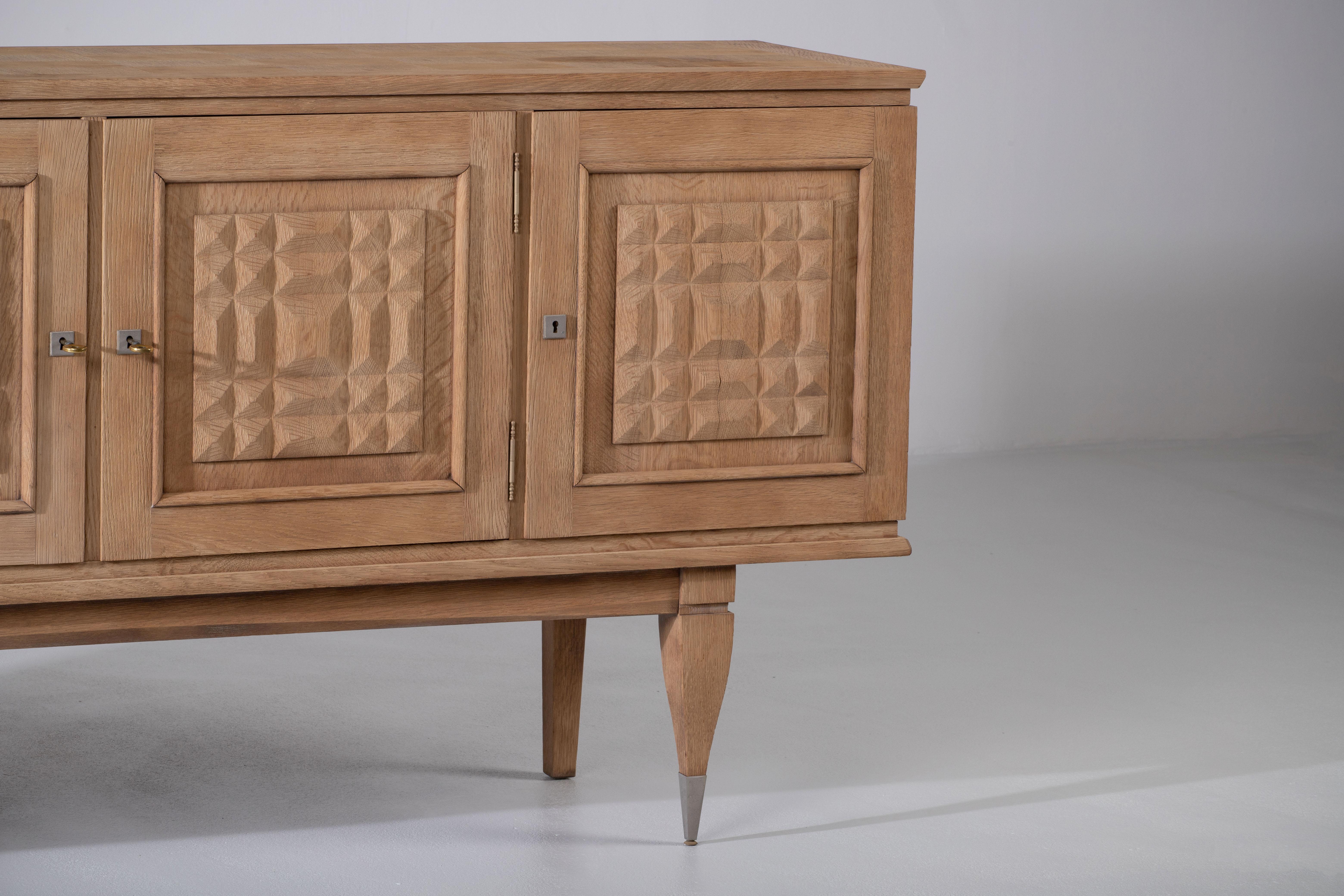 Bleached Solid Oak Credenza with Diamonds Details, France, 1940s 5