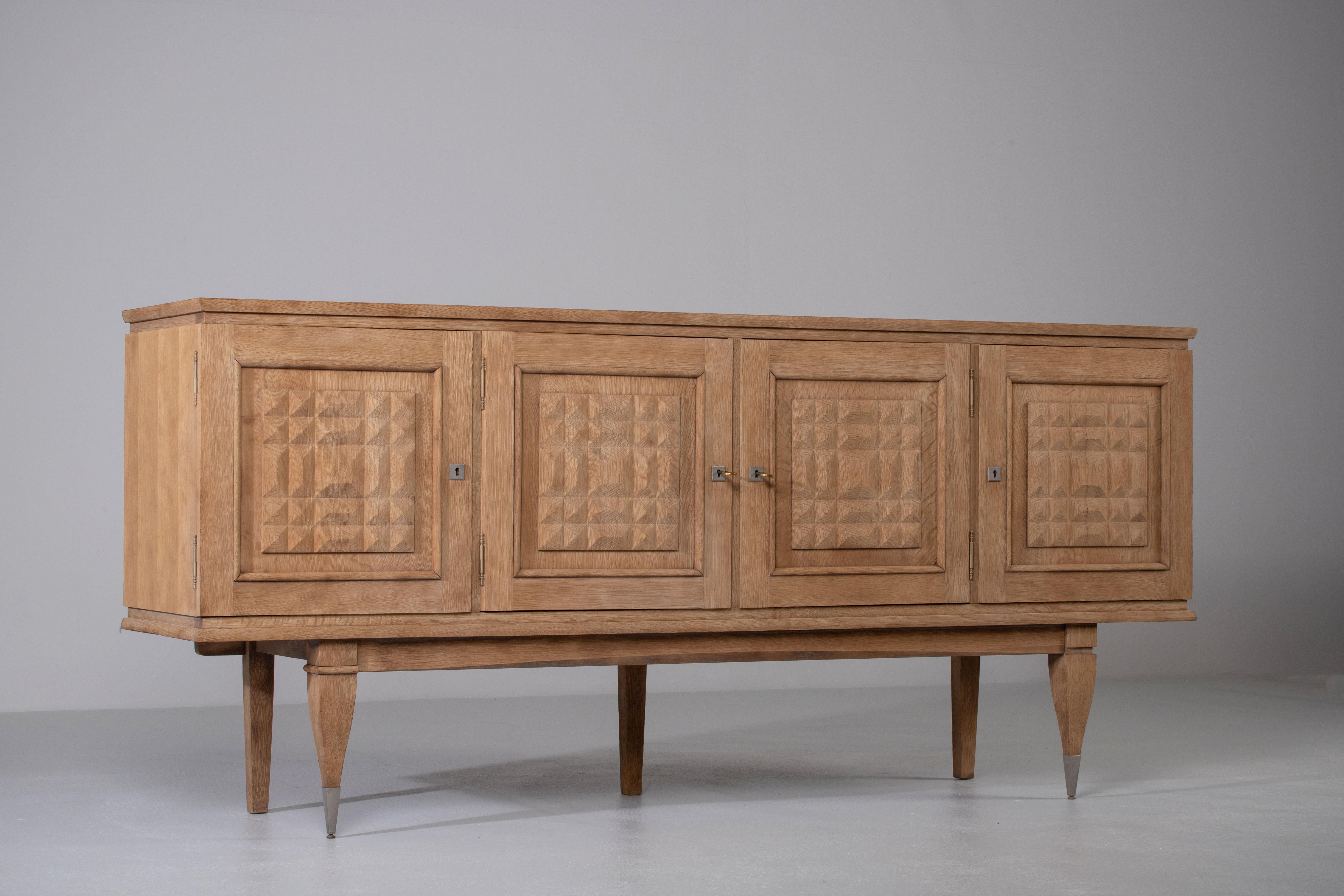Bleached Solid Oak Credenza with Diamonds Details, France, 1940s 6