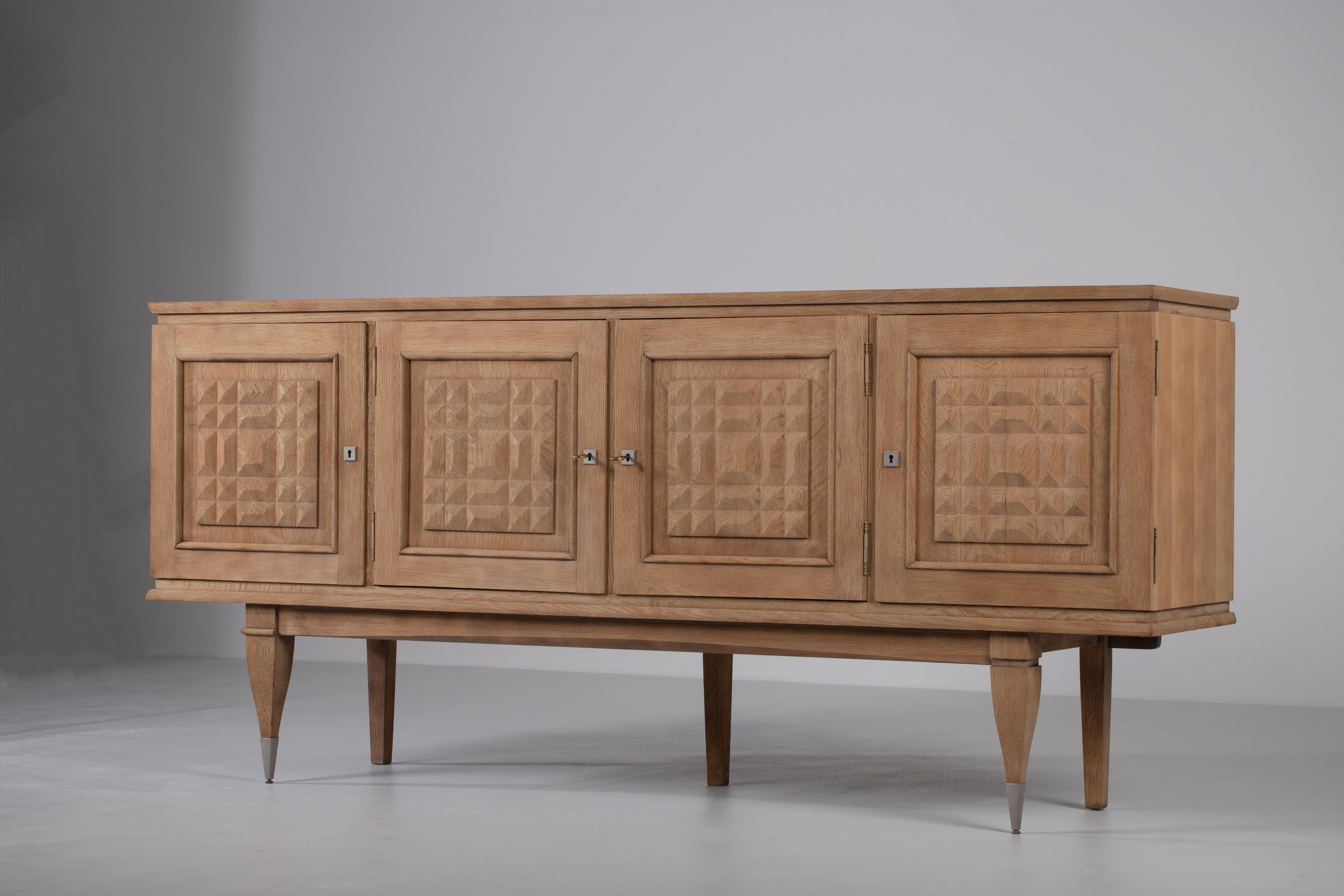 Bleached Solid Oak Credenza with Diamonds Details, France, 1940s 7