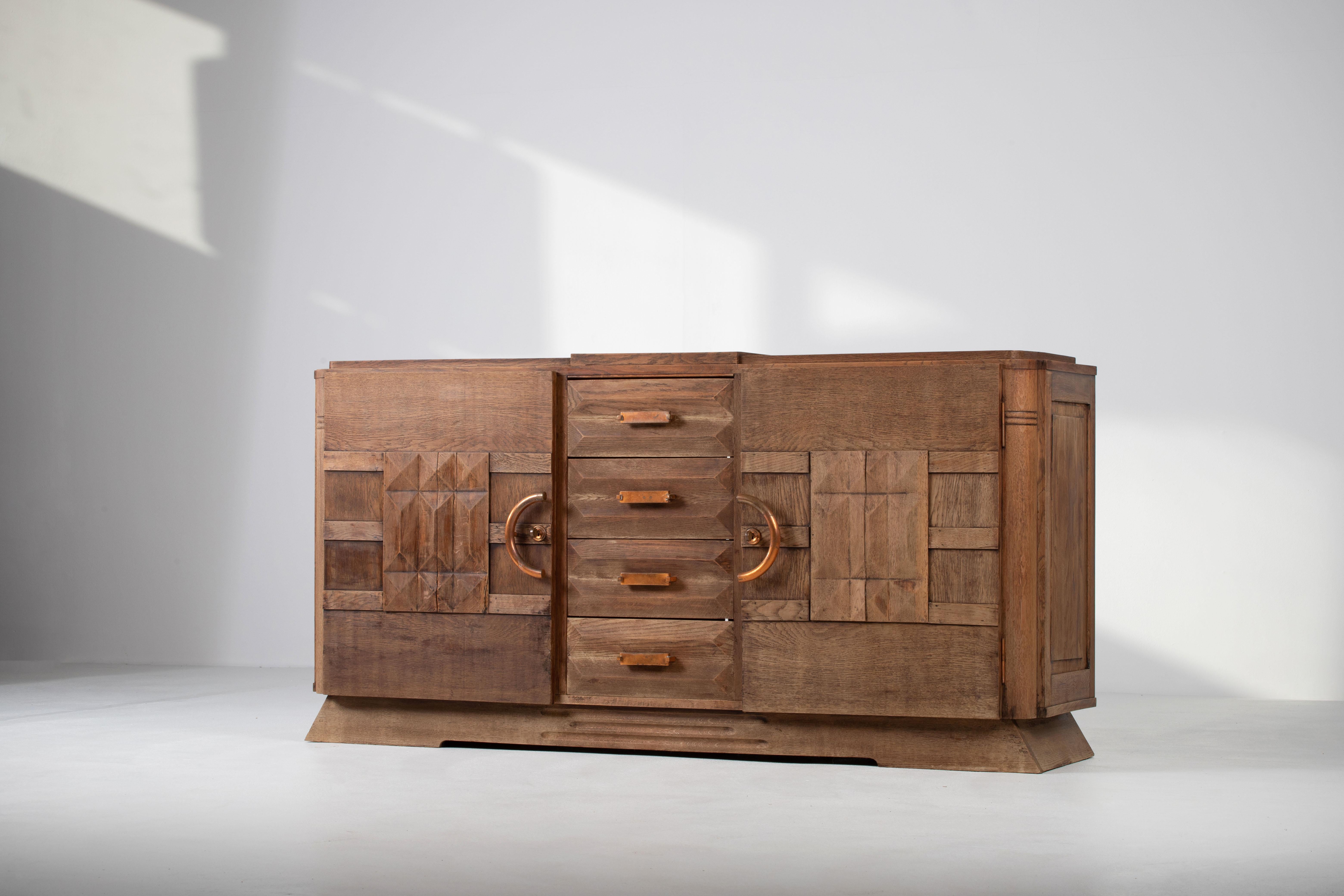 Bleached Solid Oak Credenza with Graphic Details, France, 1940s For Sale 3