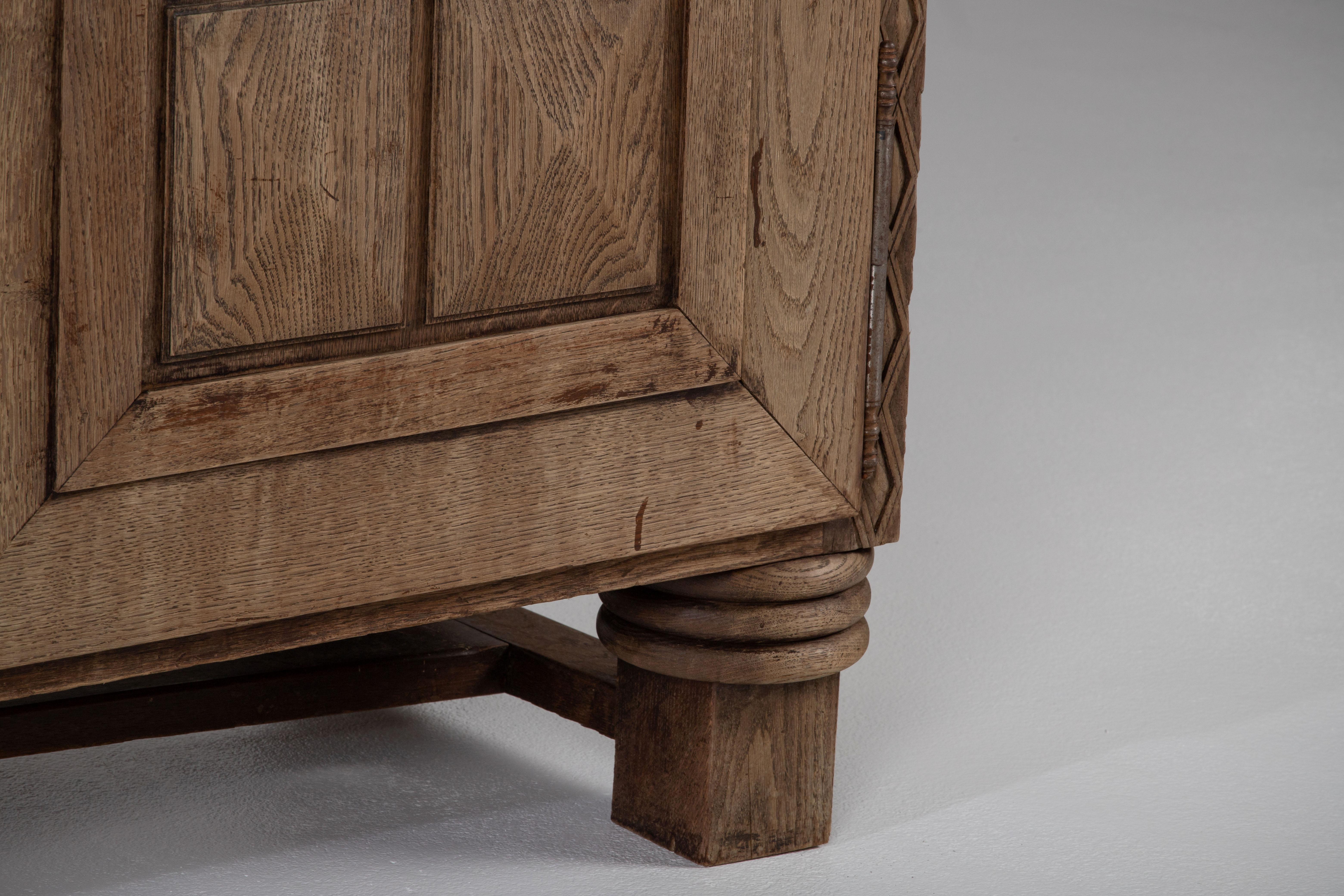 Bleached Solid Oak Credenza with Graphic Details, France, 1940s 5