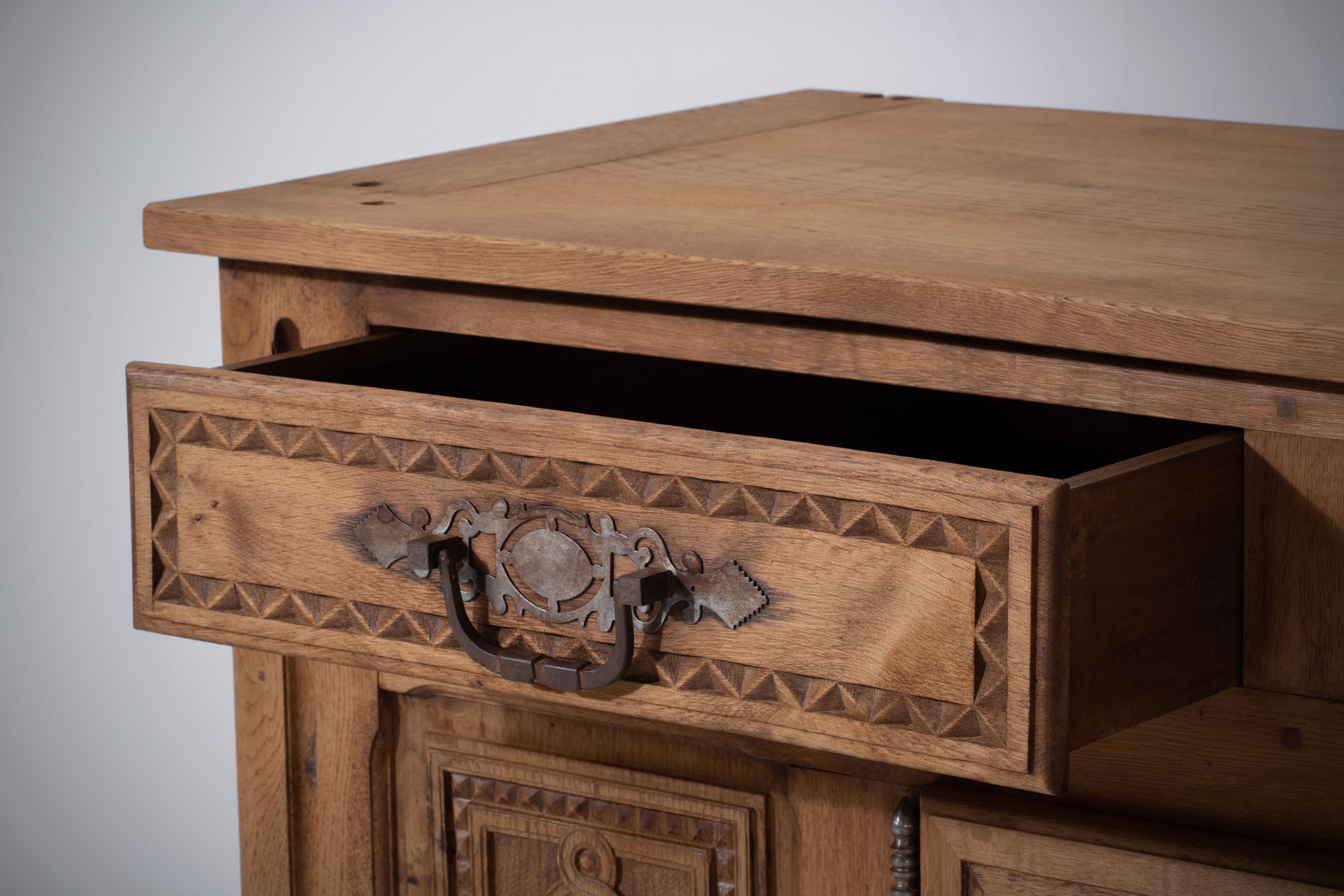 Bleached Solid Oak Credenza with Graphic Details, France, 1940s For Sale 5