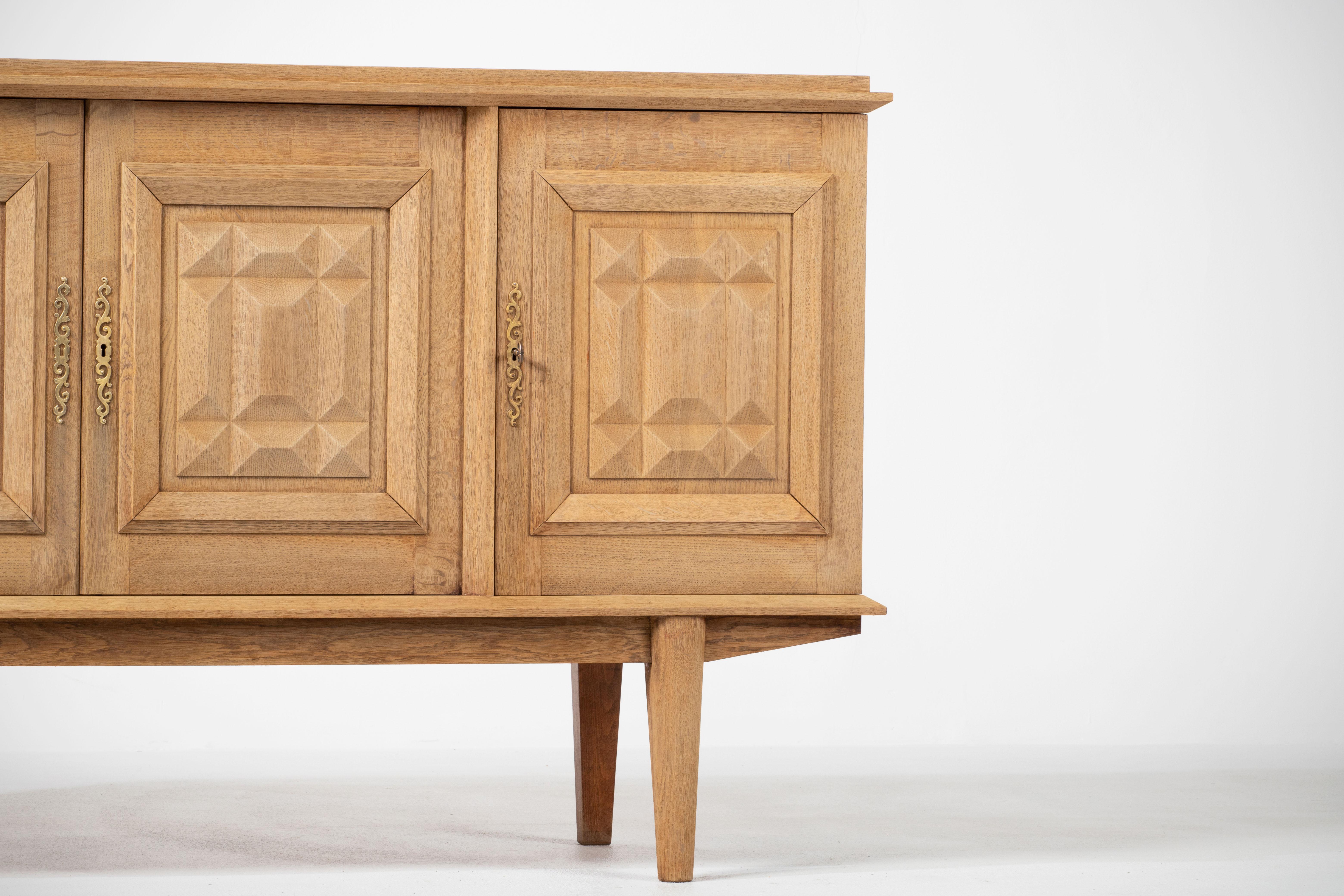 Bleached Solid Oak Credenza with Graphic Details, France, 1940s For Sale 6