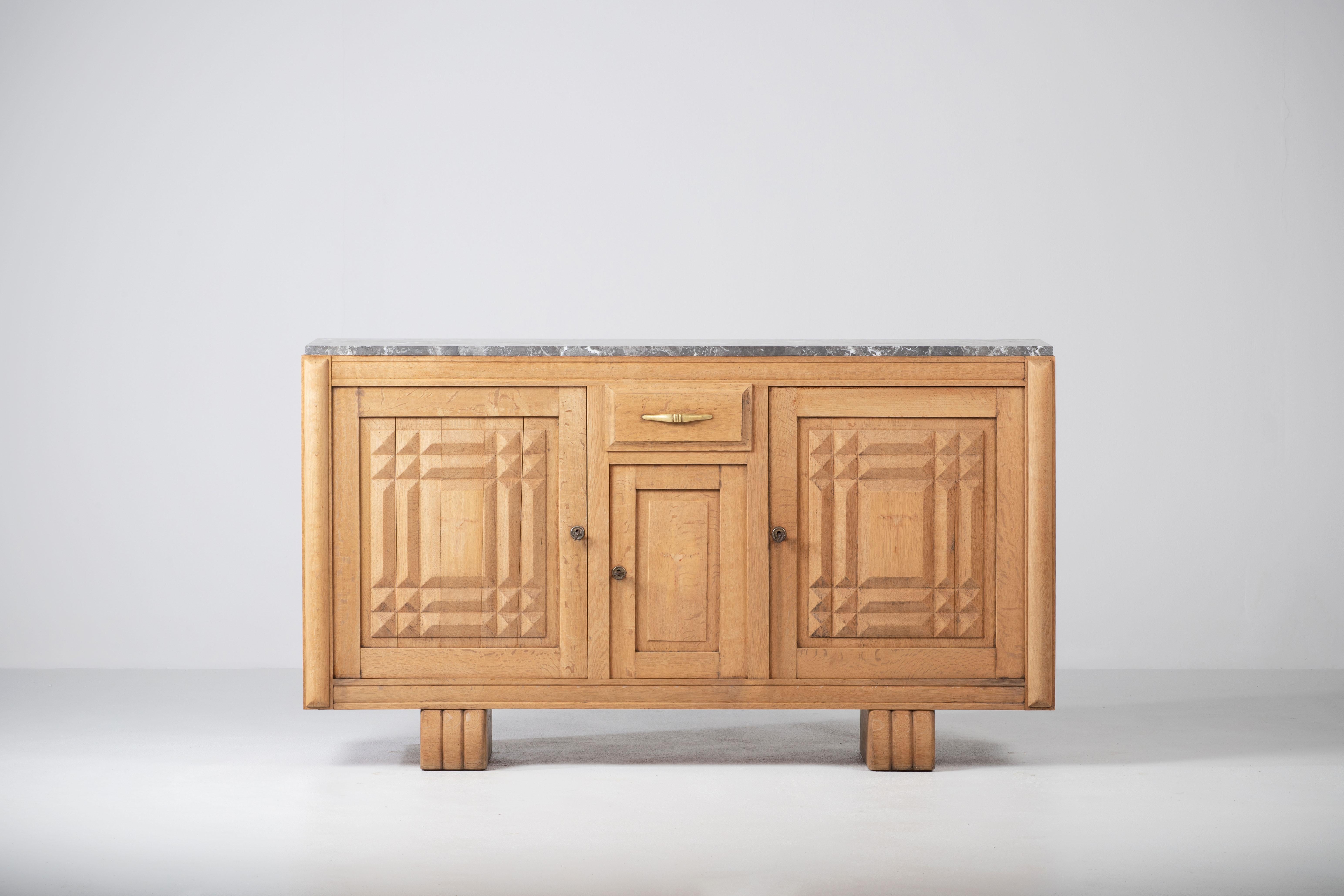 Bleached Solid Oak Credenza with Graphic Details, France, 1940s 7