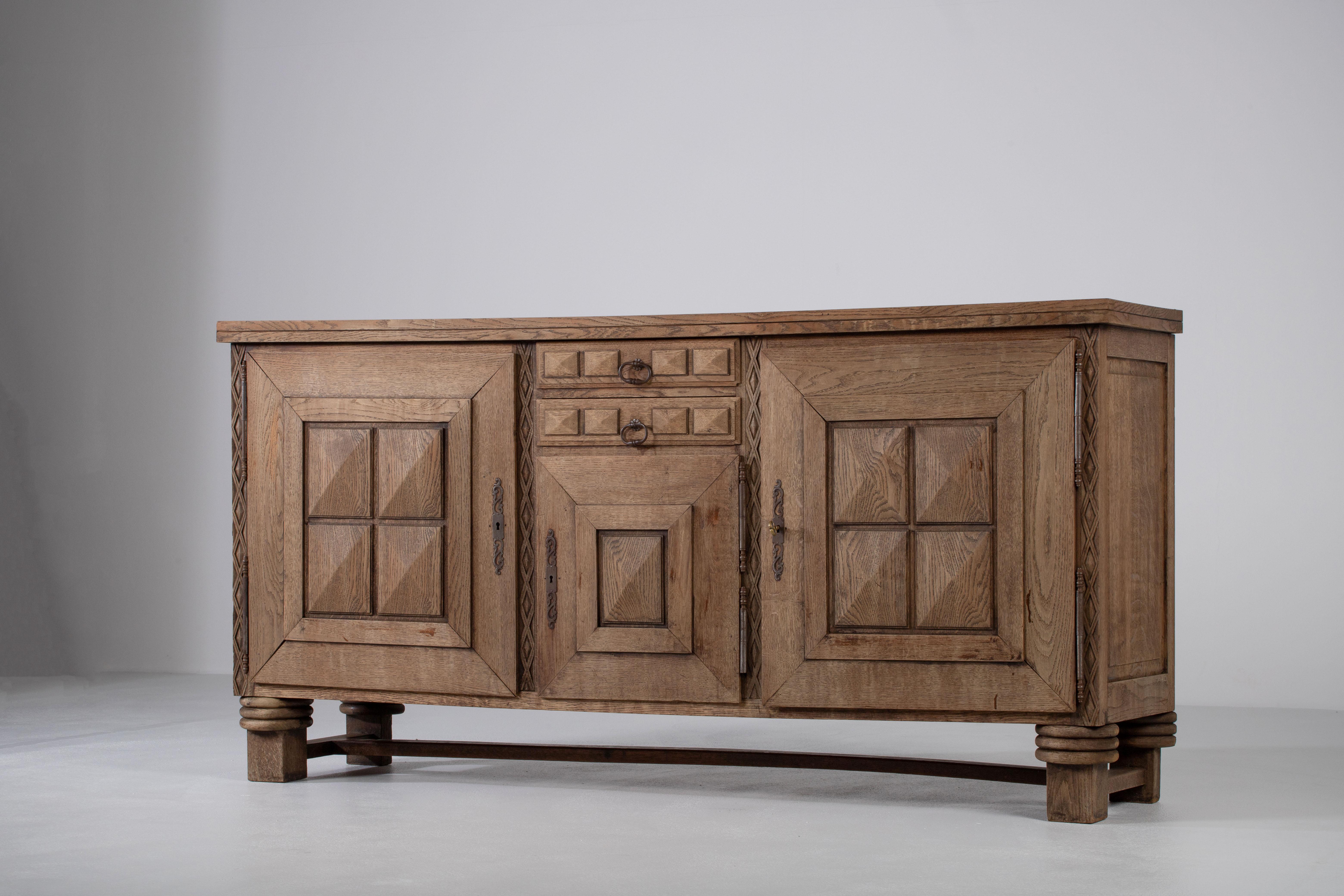 Bleached Solid Oak Credenza with Graphic Details, France, 1940s For Sale 9