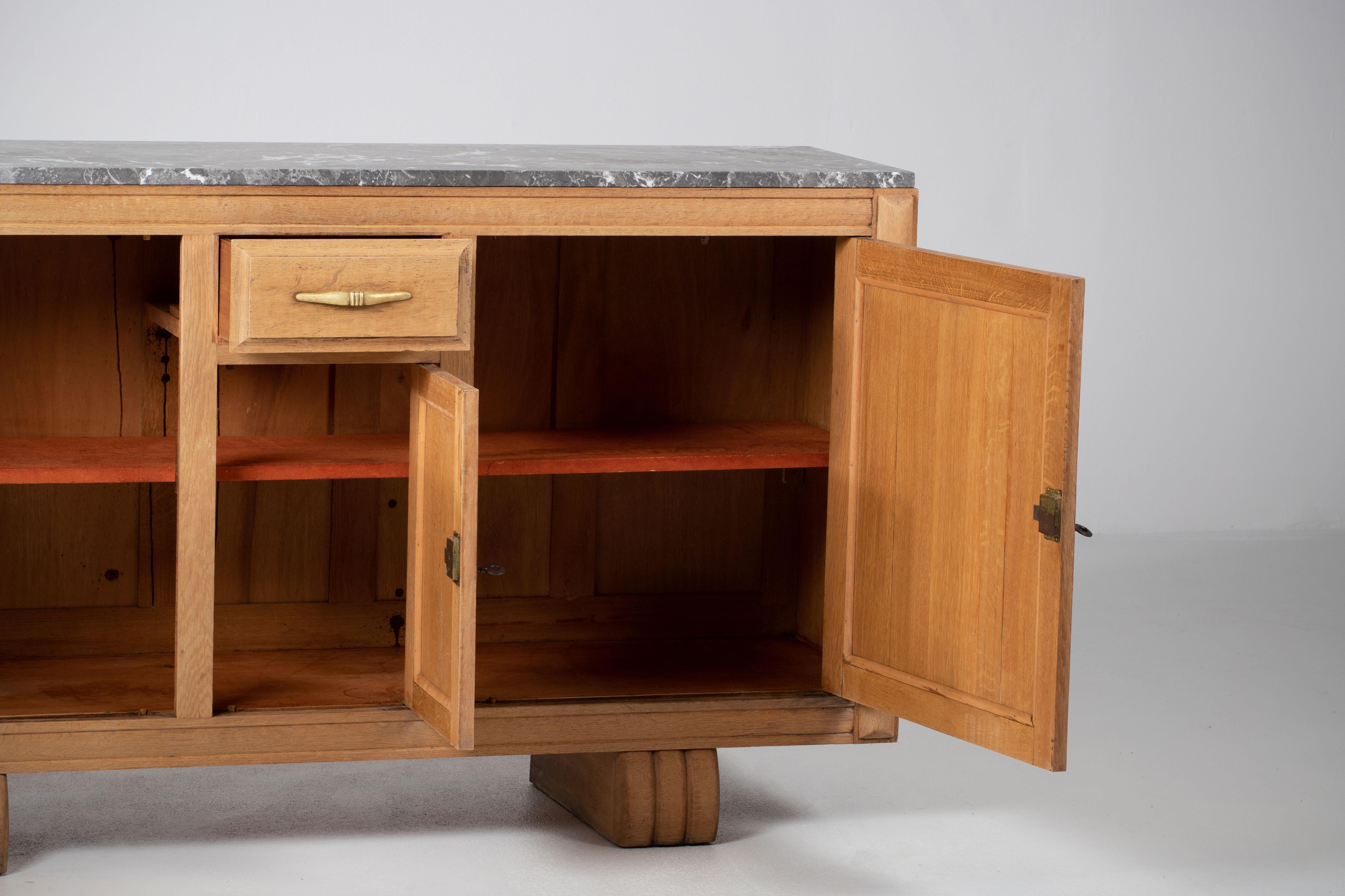 Bleached Solid Oak Credenza with Graphic Details, France, 1940s 9