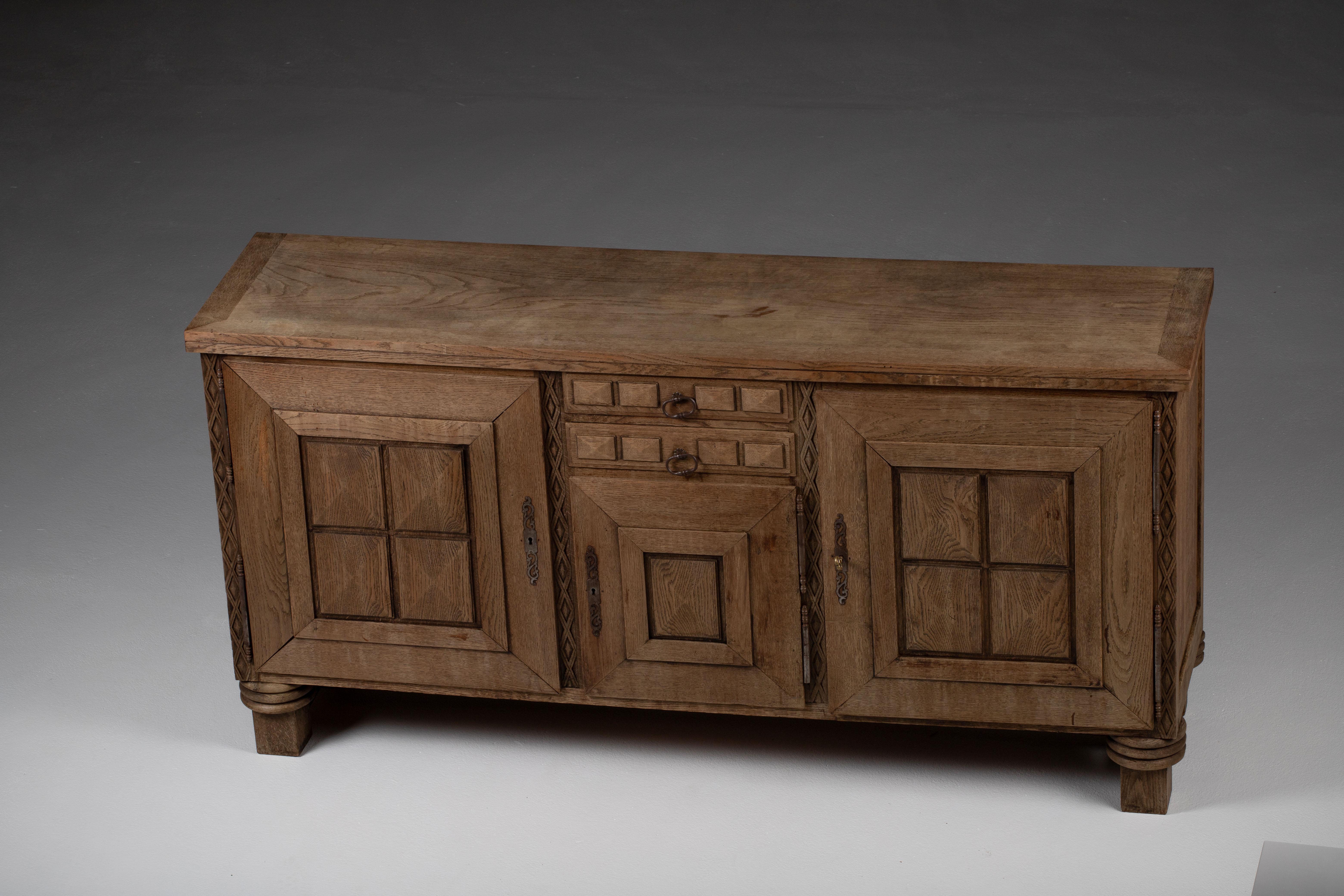 Bleached Solid Oak Credenza with Graphic Details, France, 1940s For Sale 14