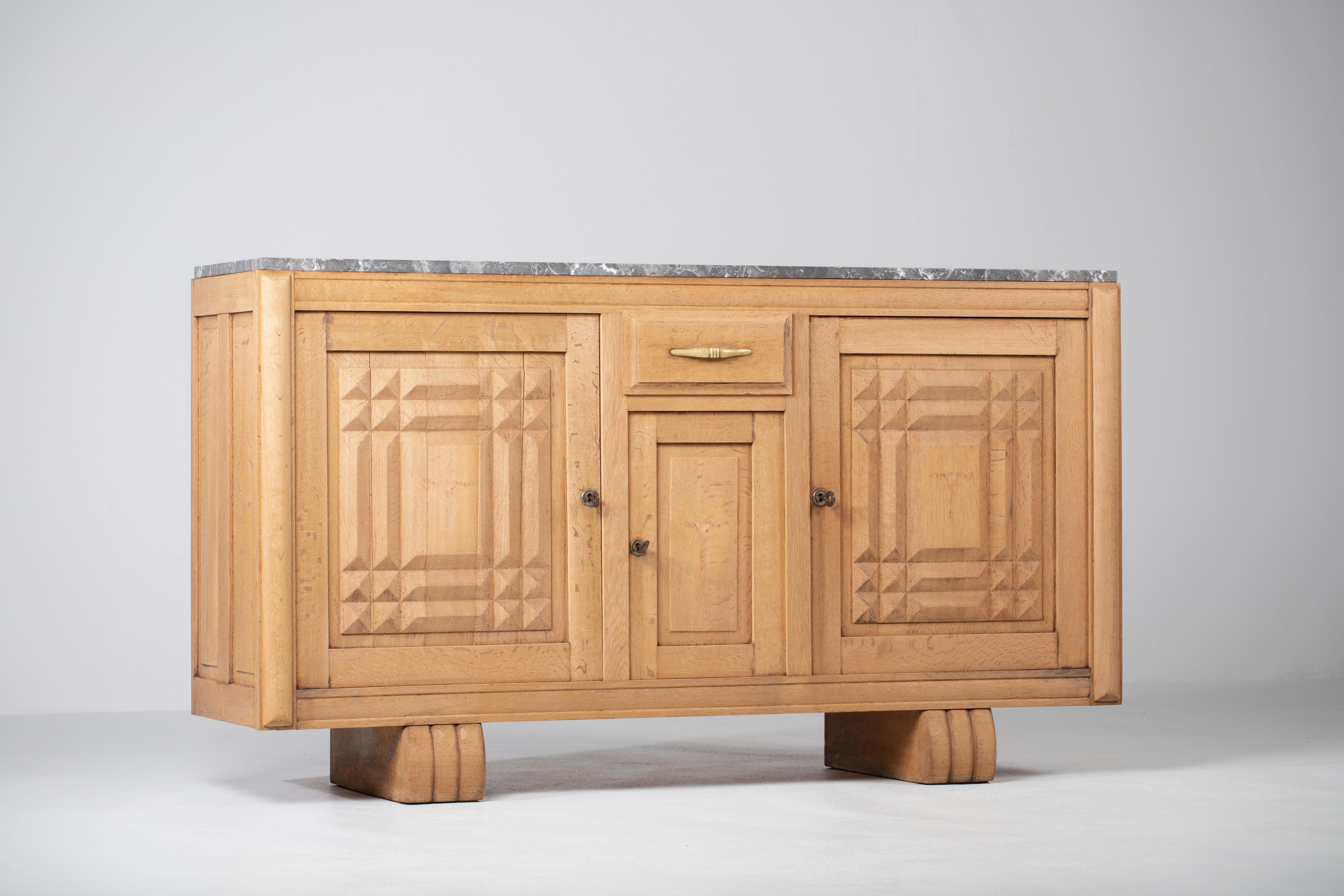 Art Deco Bleached Solid Oak Credenza with Graphic Details, France, 1940s