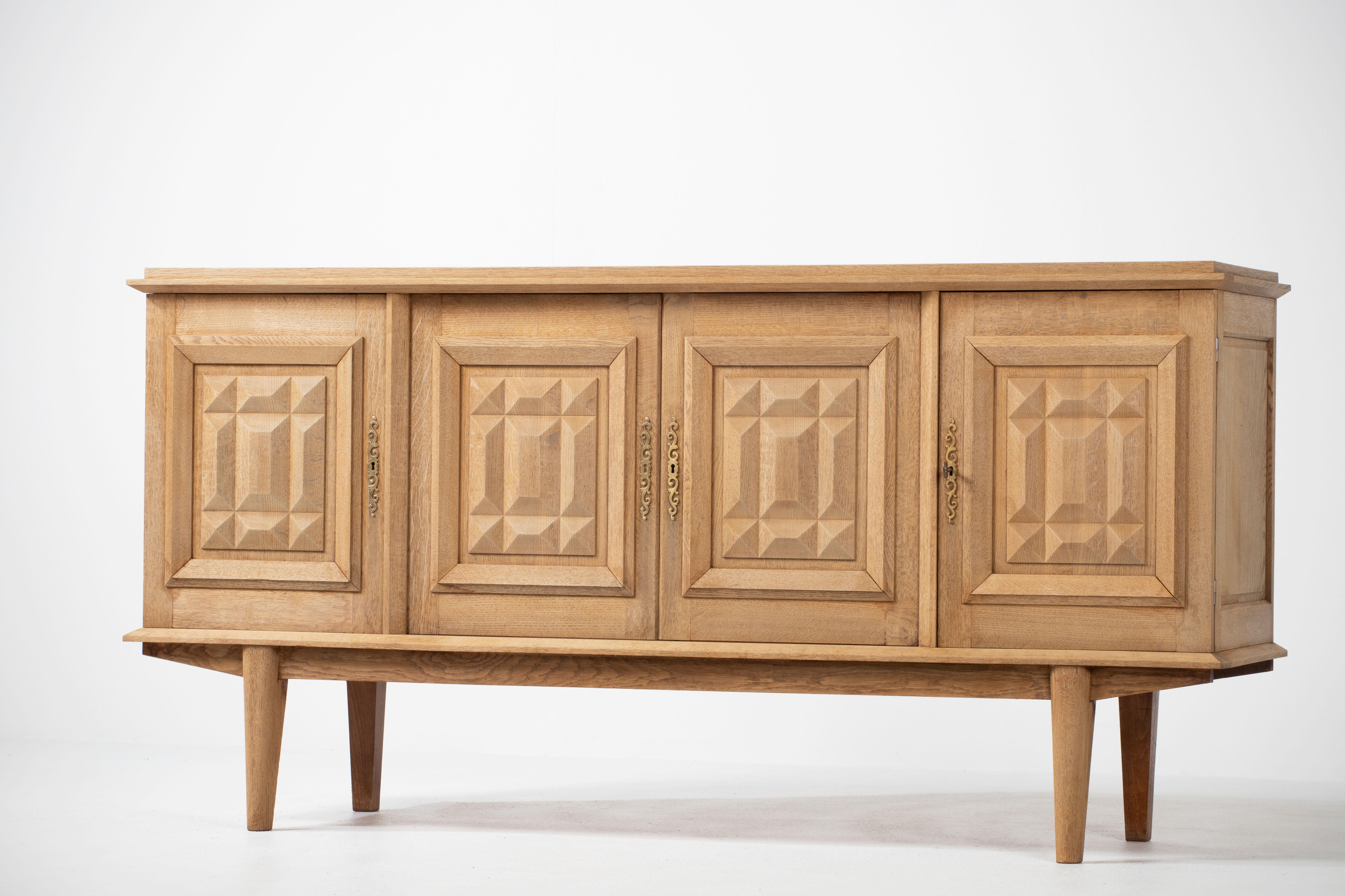 Art Deco Bleached Solid Oak Credenza with Graphic Details, France, 1940s For Sale