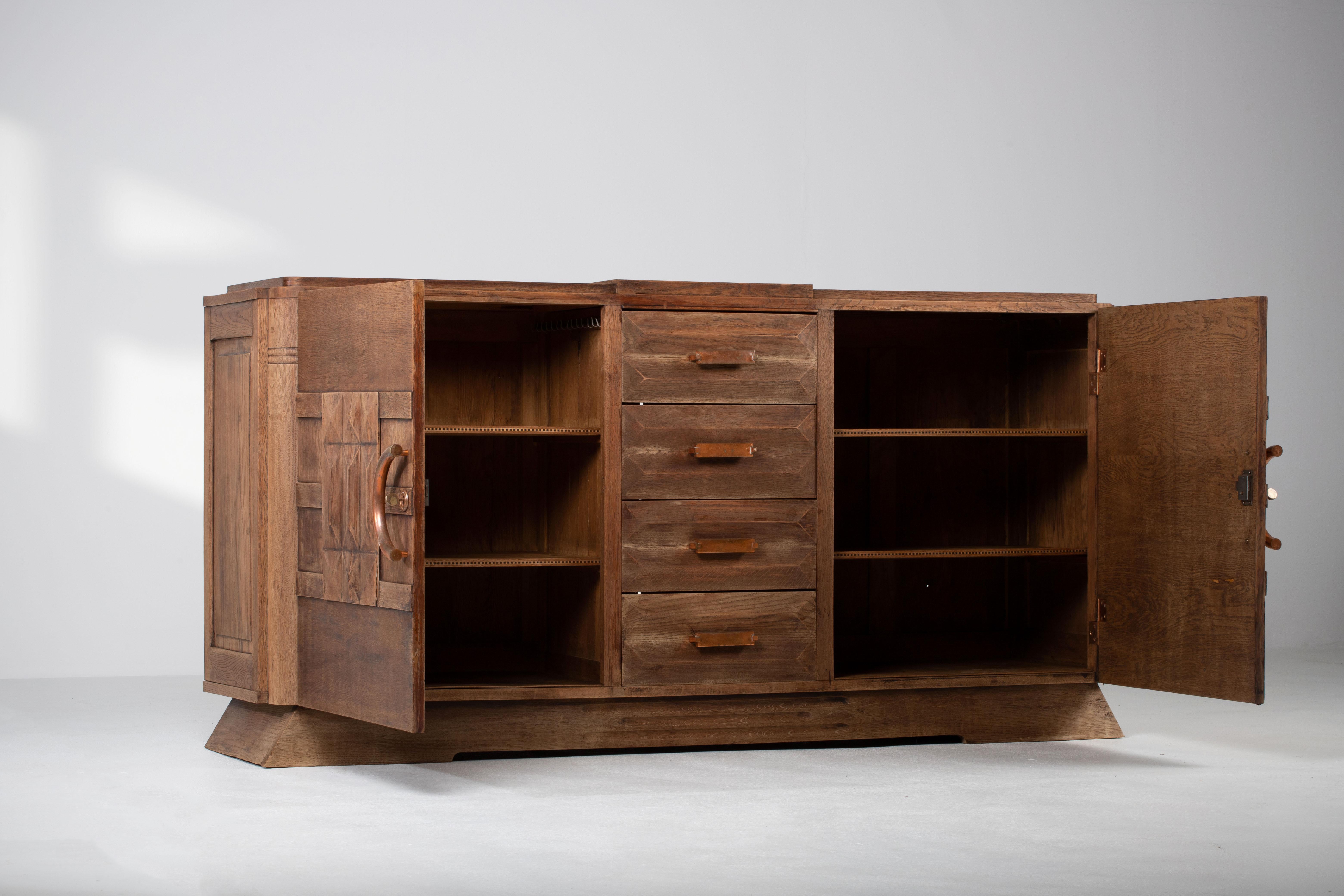 French Bleached Solid Oak Credenza with Graphic Details, France, 1940s For Sale