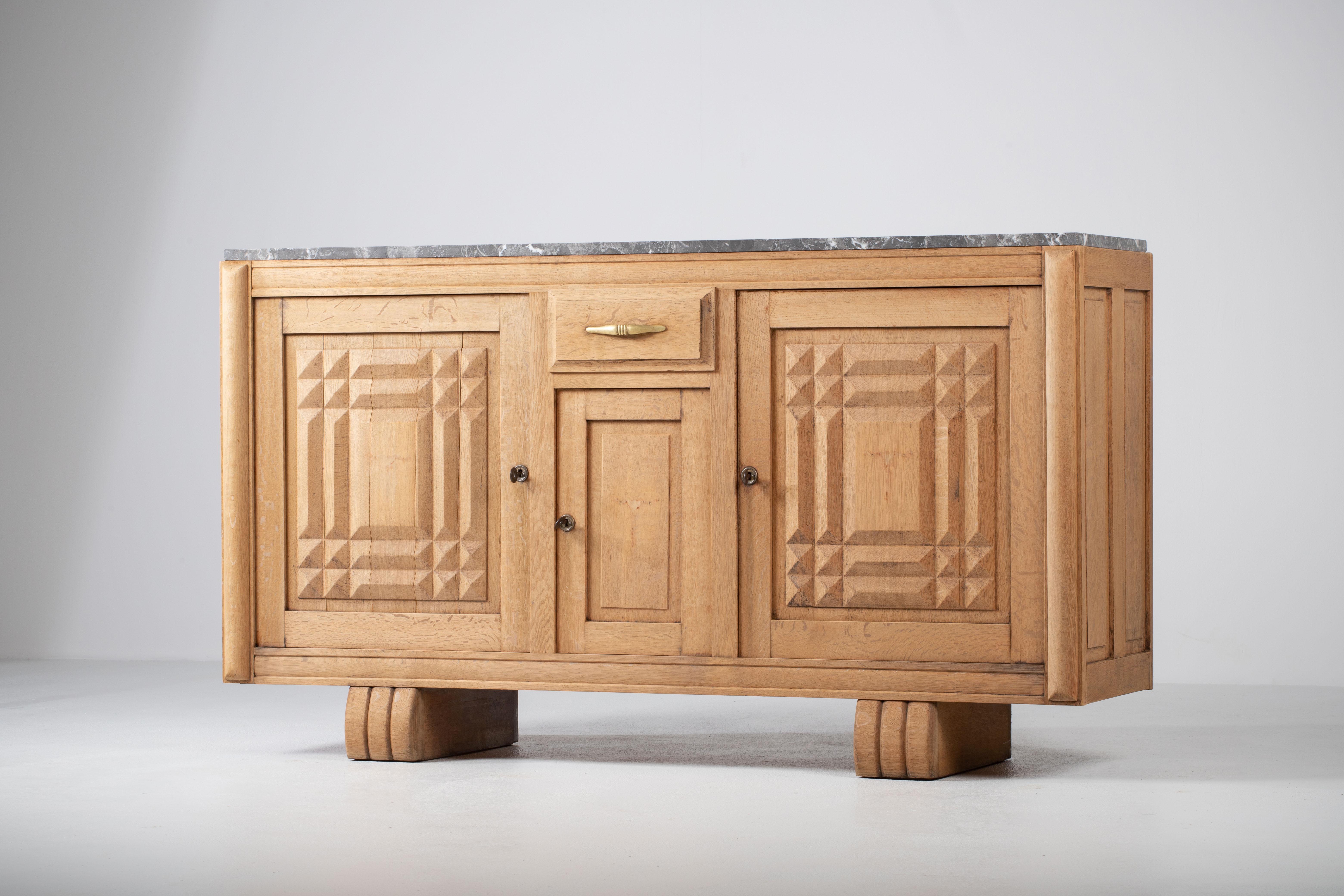 French Bleached Solid Oak Credenza with Graphic Details, France, 1940s