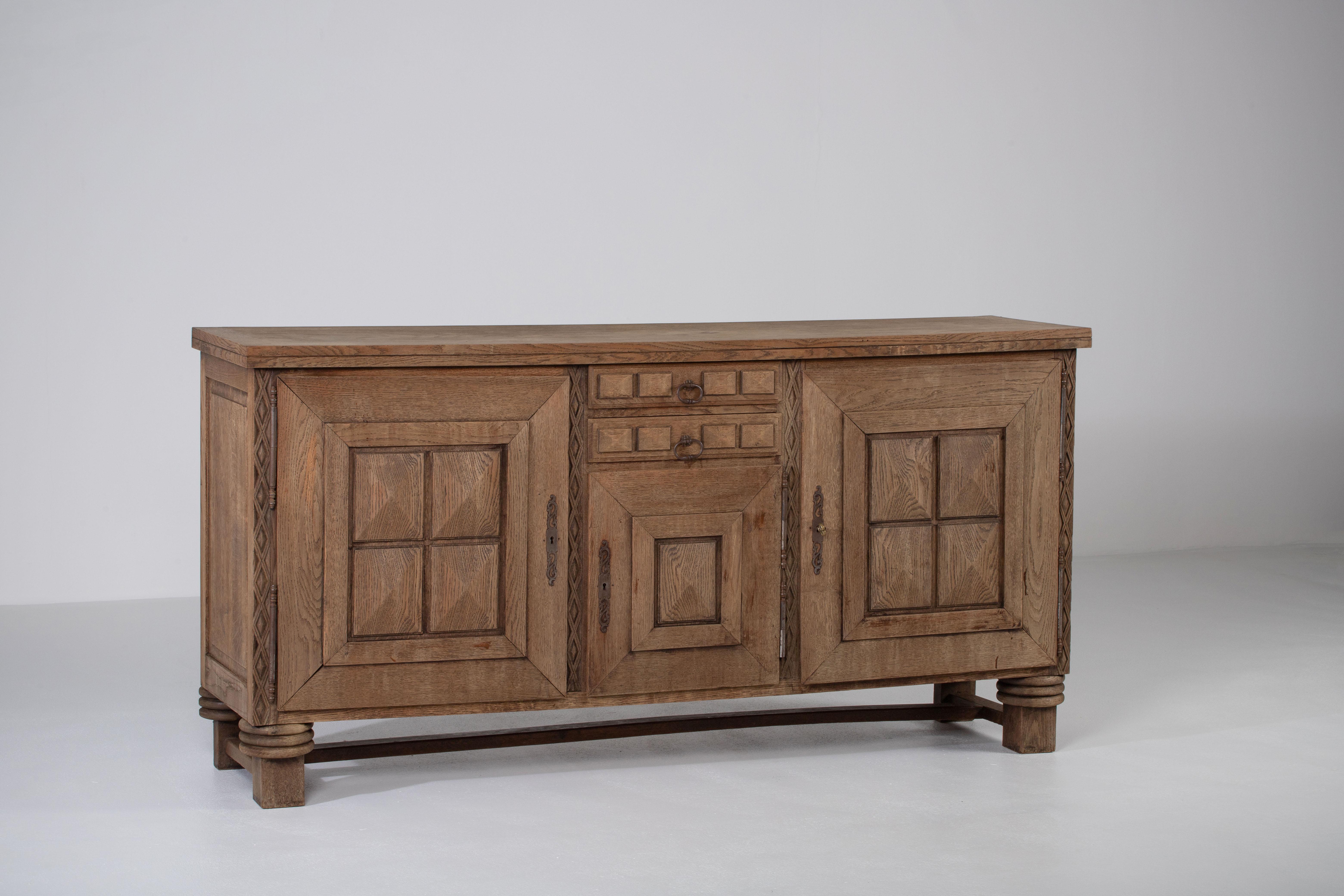 Bleached Solid Oak Credenza with Graphic Details, France, 1940s For Sale 2