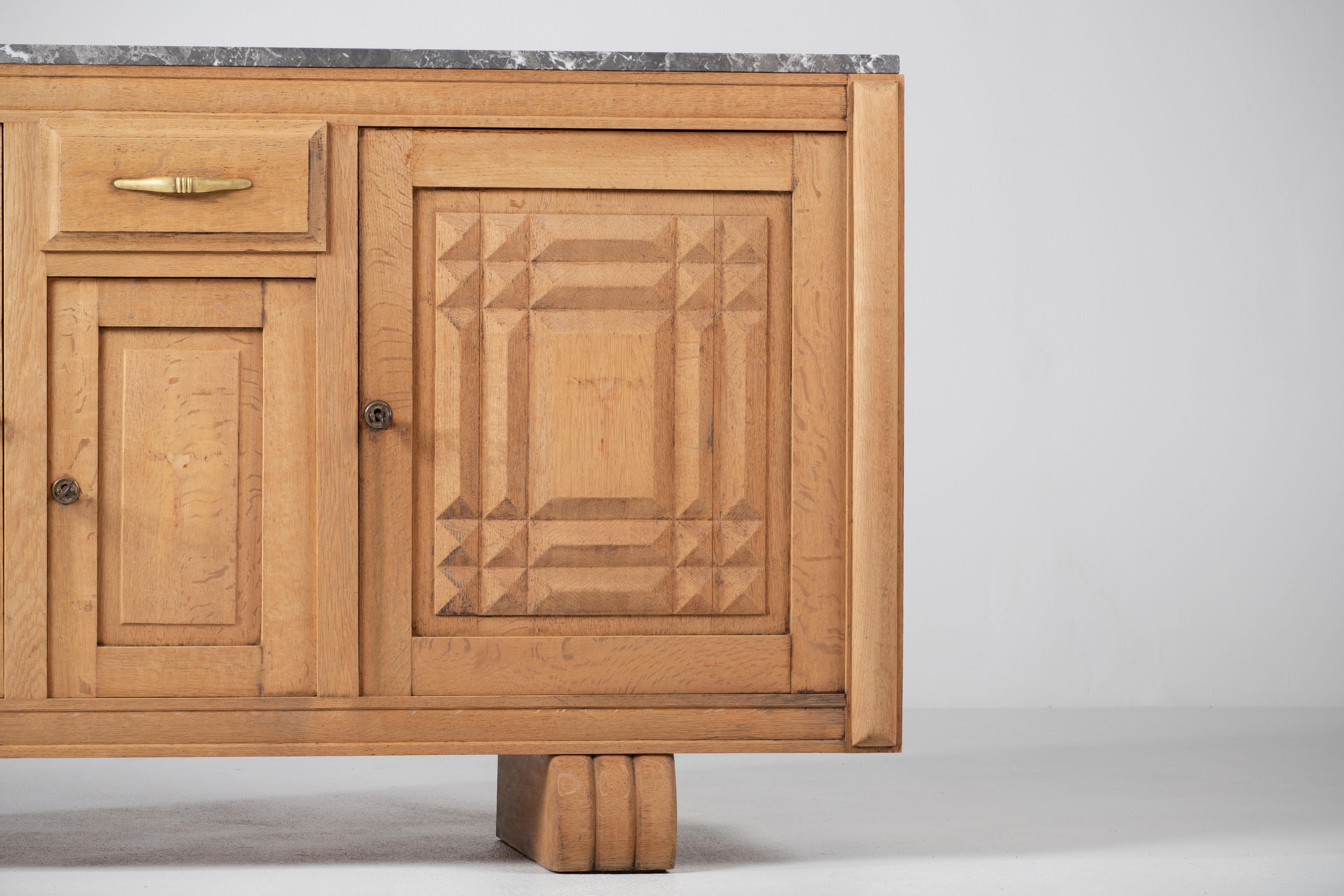 Bleached Solid Oak Credenza with Graphic Details, France, 1940s 1