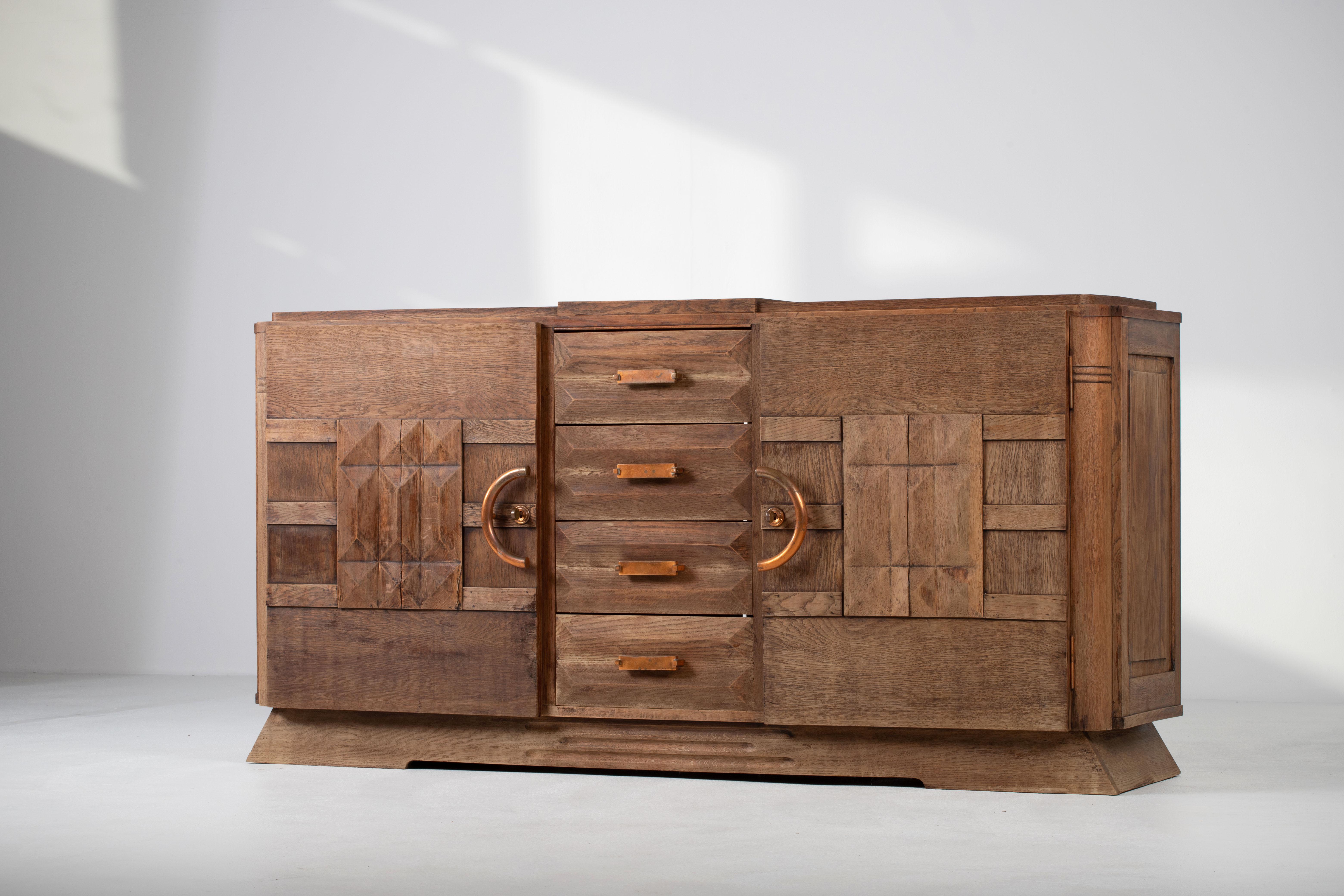 Bleached Solid Oak Credenza with Graphic Details, France, 1940s For Sale 2