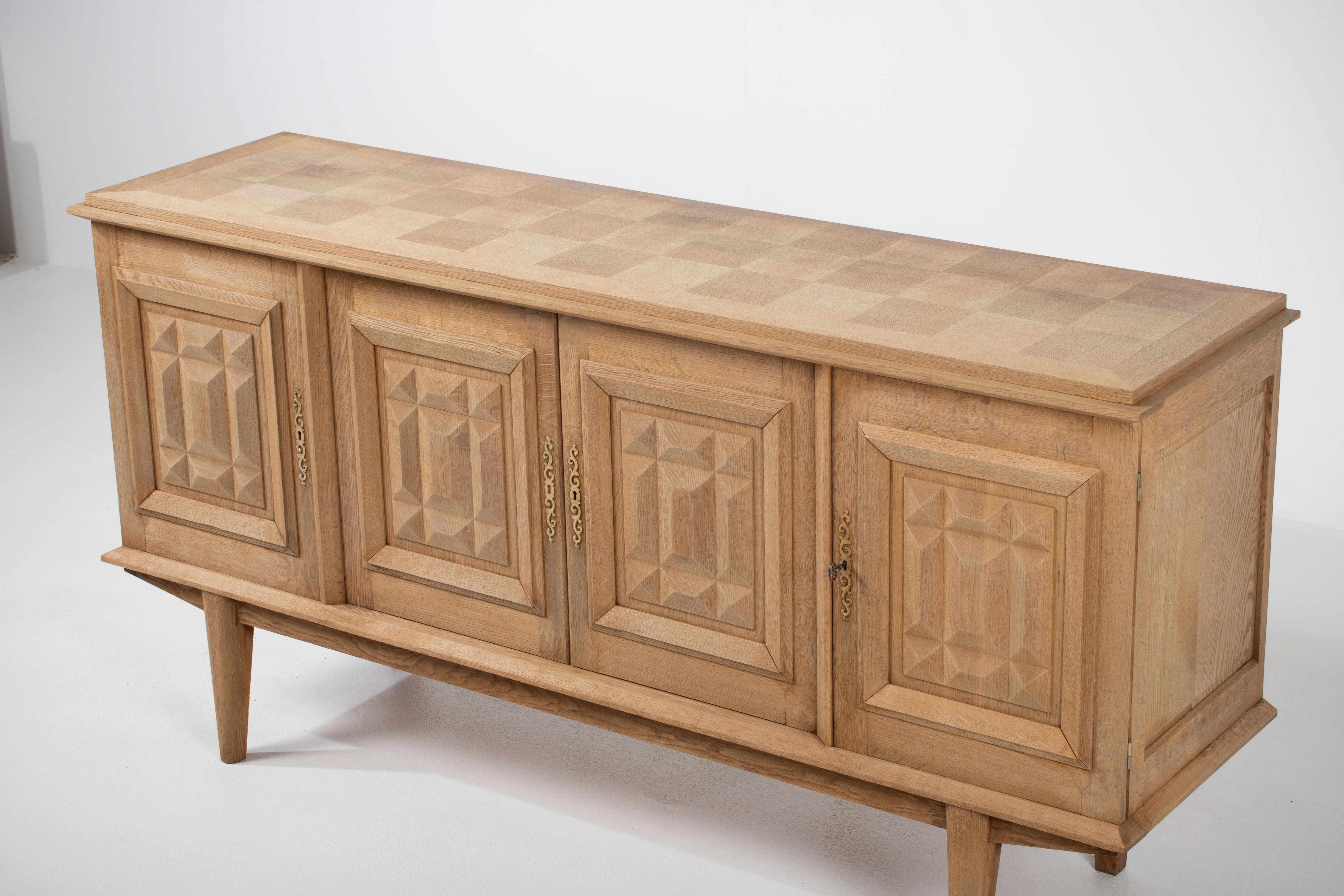 Bleached Solid Oak Credenza with Graphic Details, France, 1940s For Sale 3