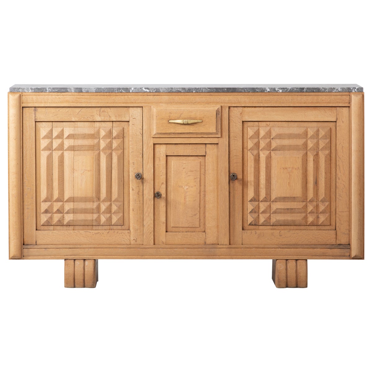 Bleached Solid Oak Credenza with Graphic Details, France, 1940s