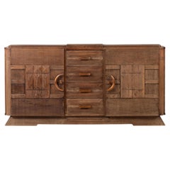 Bleached Solid Oak Credenza with Graphic Details, France, 1940s