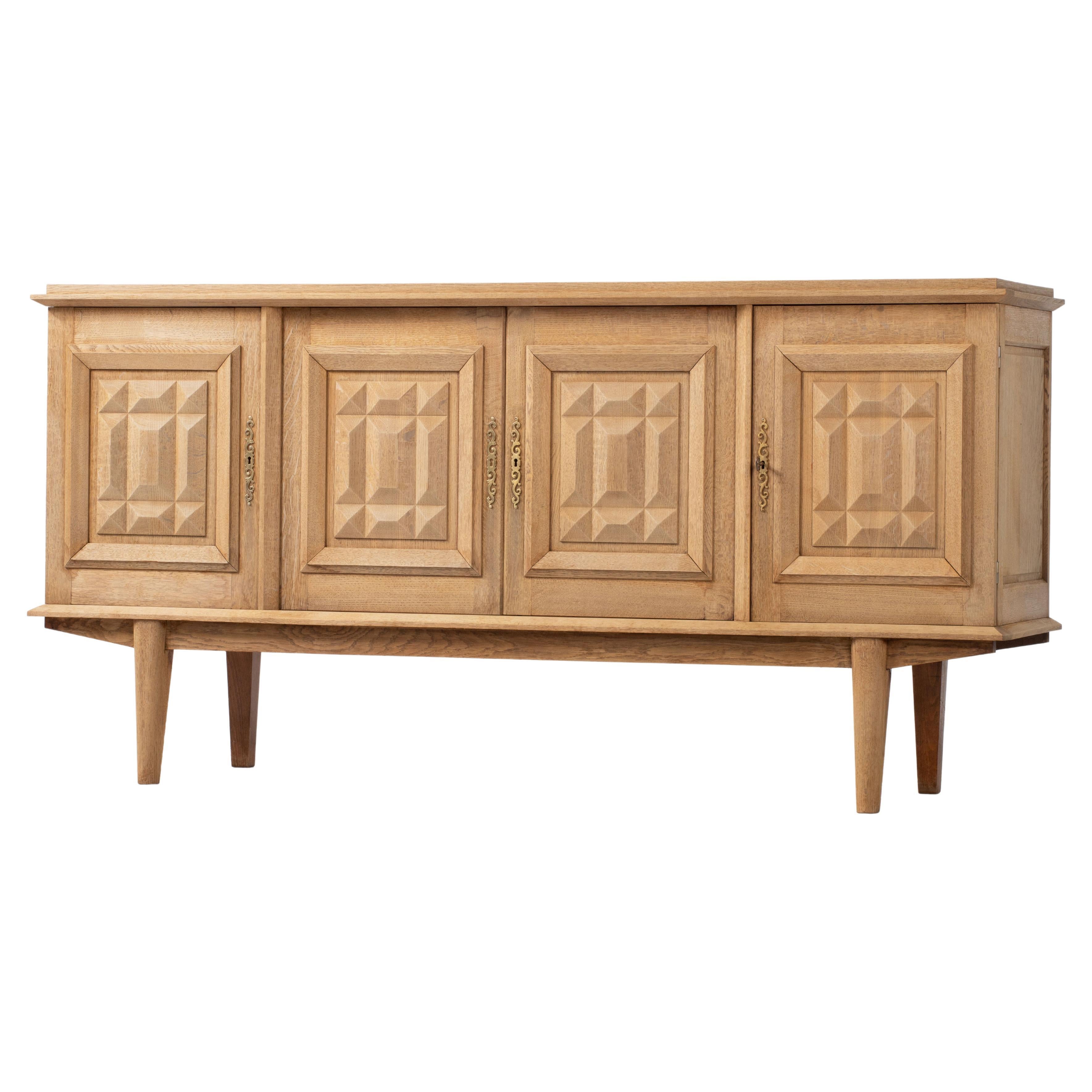 Bleached Solid Oak Credenza with Graphic Details, France, 1940s For Sale