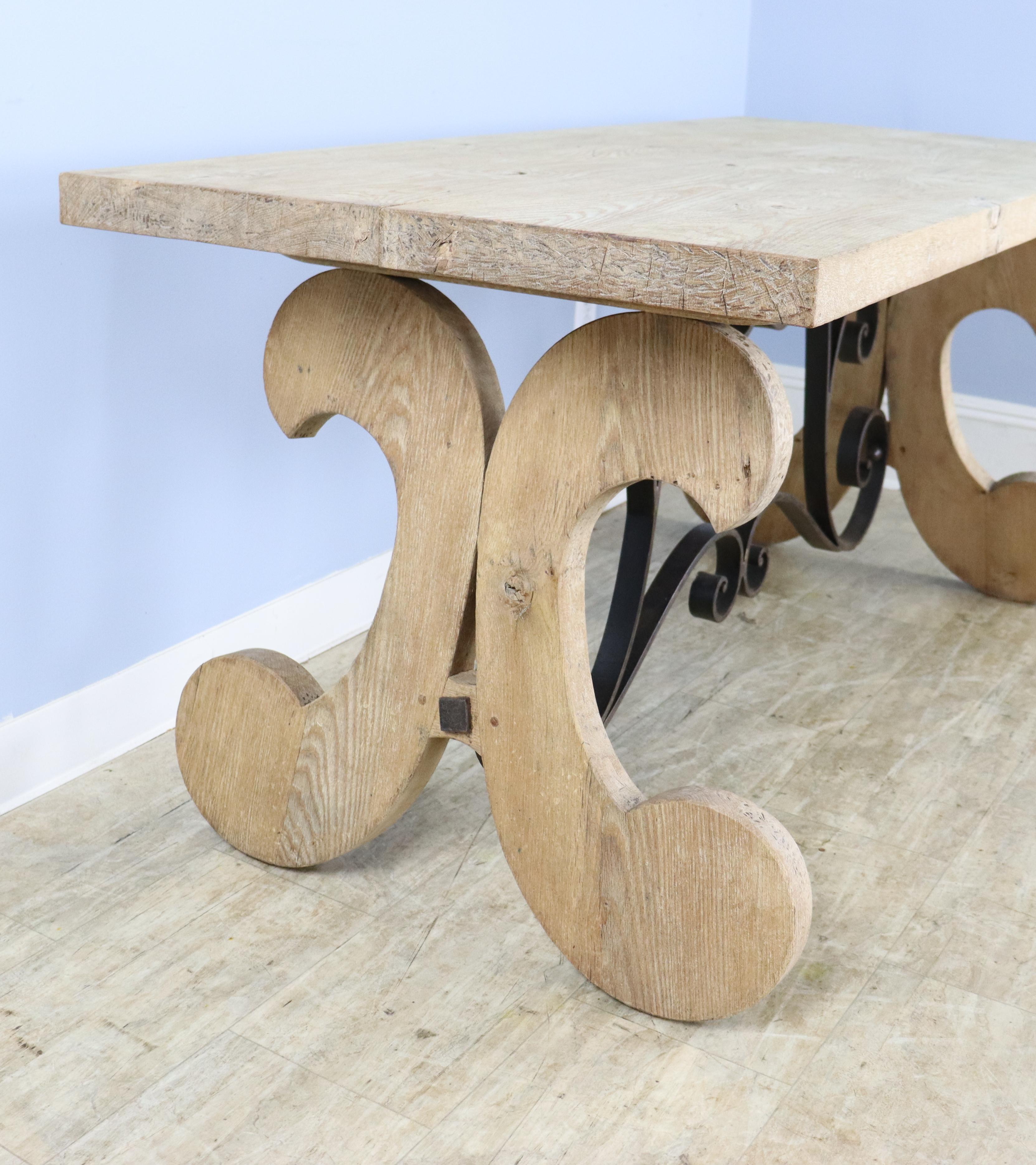 19th Century Bleached Spanish Oak Breakfast Table with Iron Stretcher For Sale