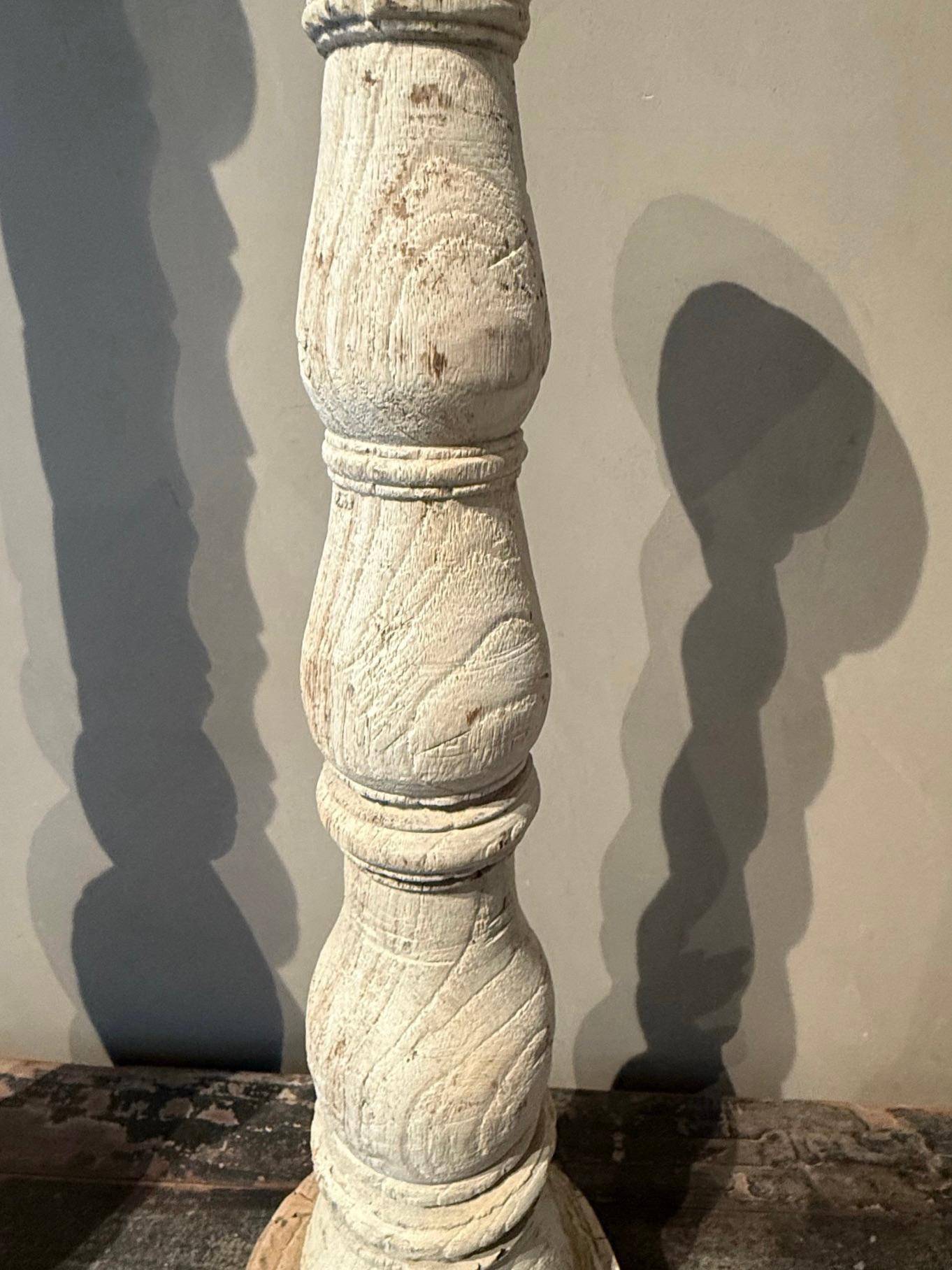 Indian Bleached Teak Carved Candlestick, Mid Century, India For Sale