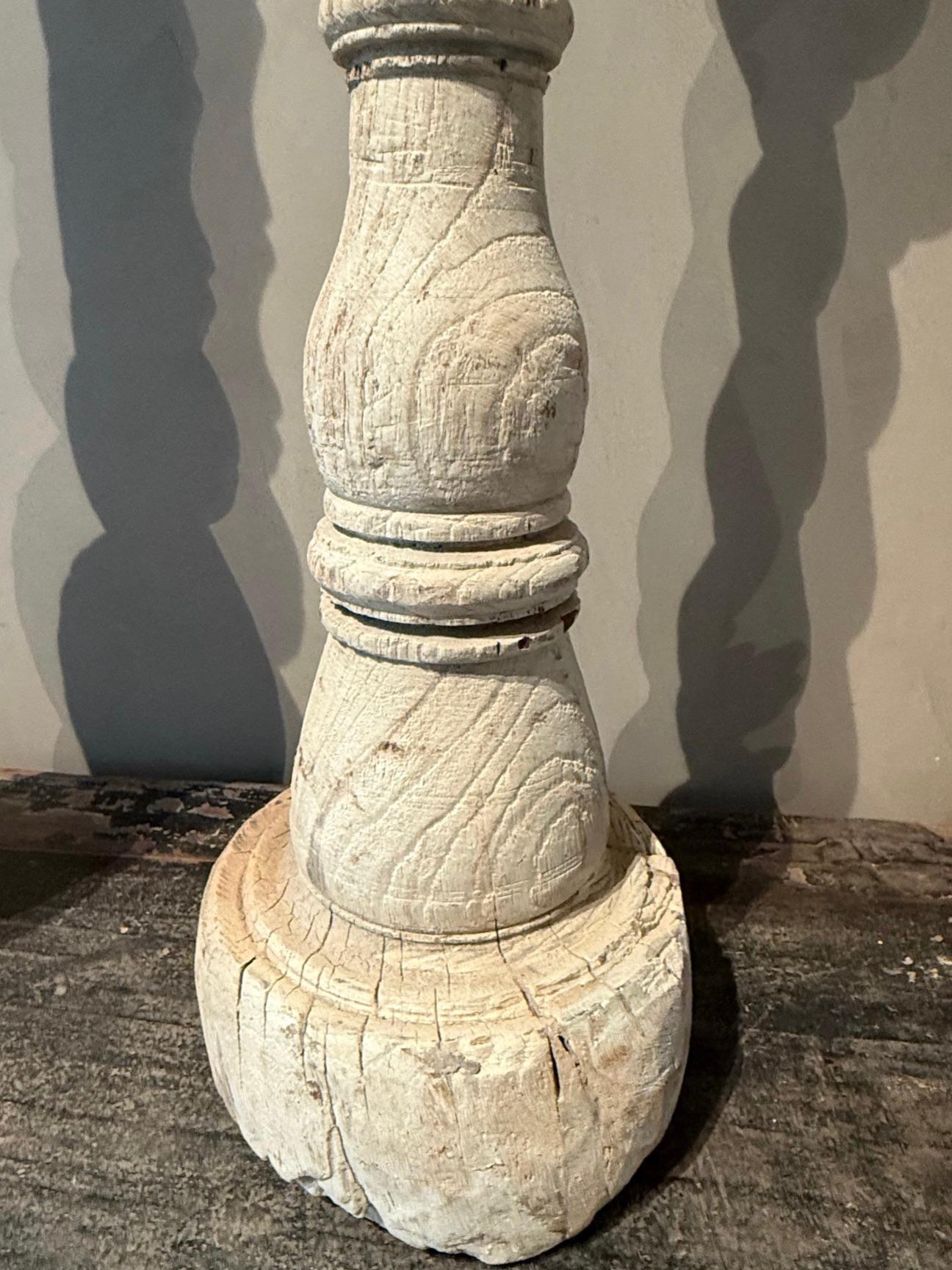 Bleached Teak Carved Candlestick, Mid Century, India In Good Condition For Sale In New York, NY