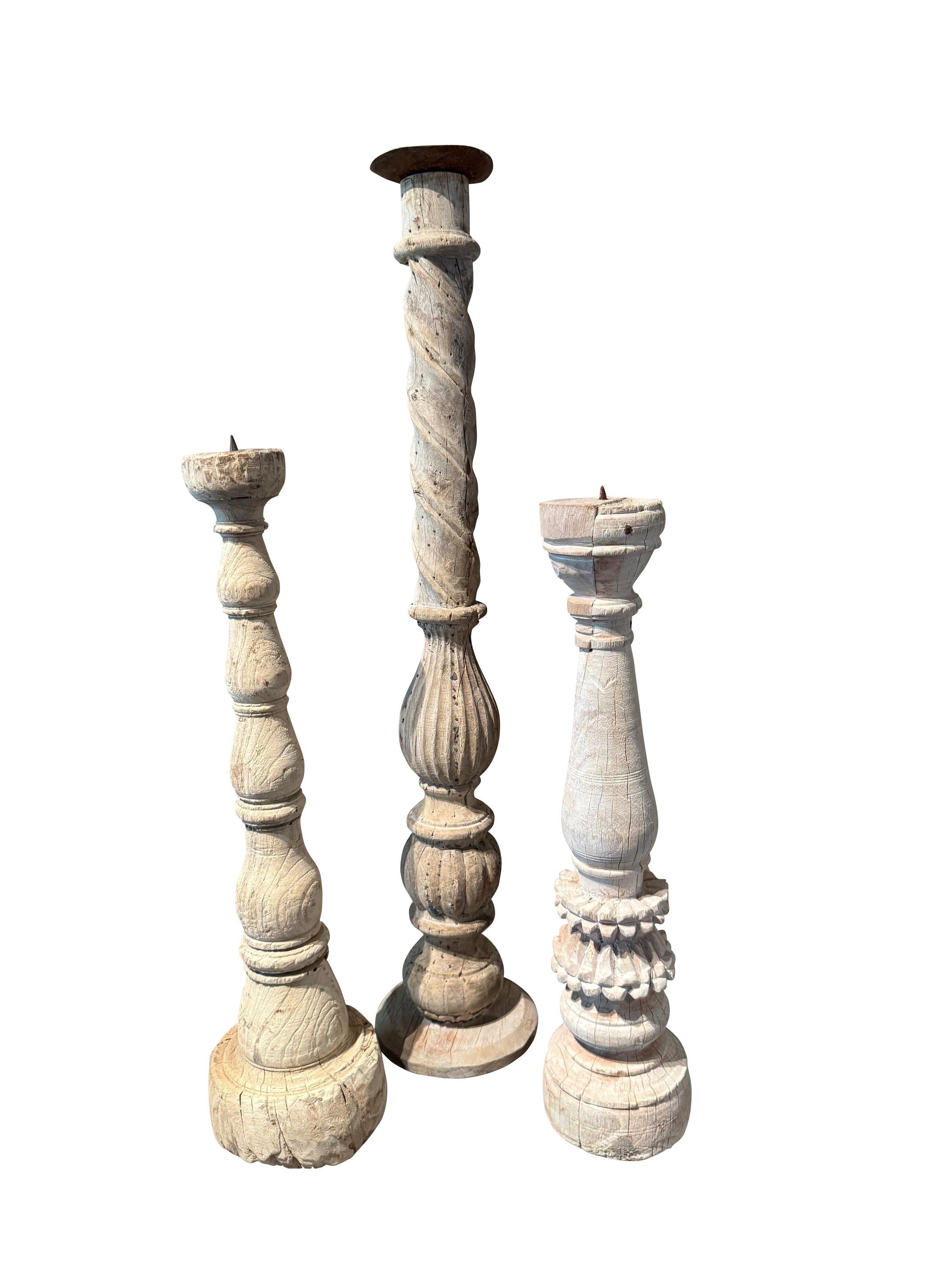 20th Century Bleached Teak Carved Candlestick, Mid Century, India For Sale