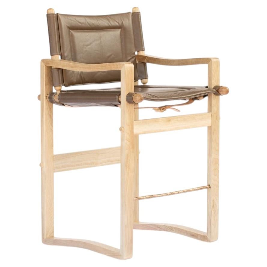 Bleached Walnut Campaign Safari Bar Stool with Leather Upholstery For Sale