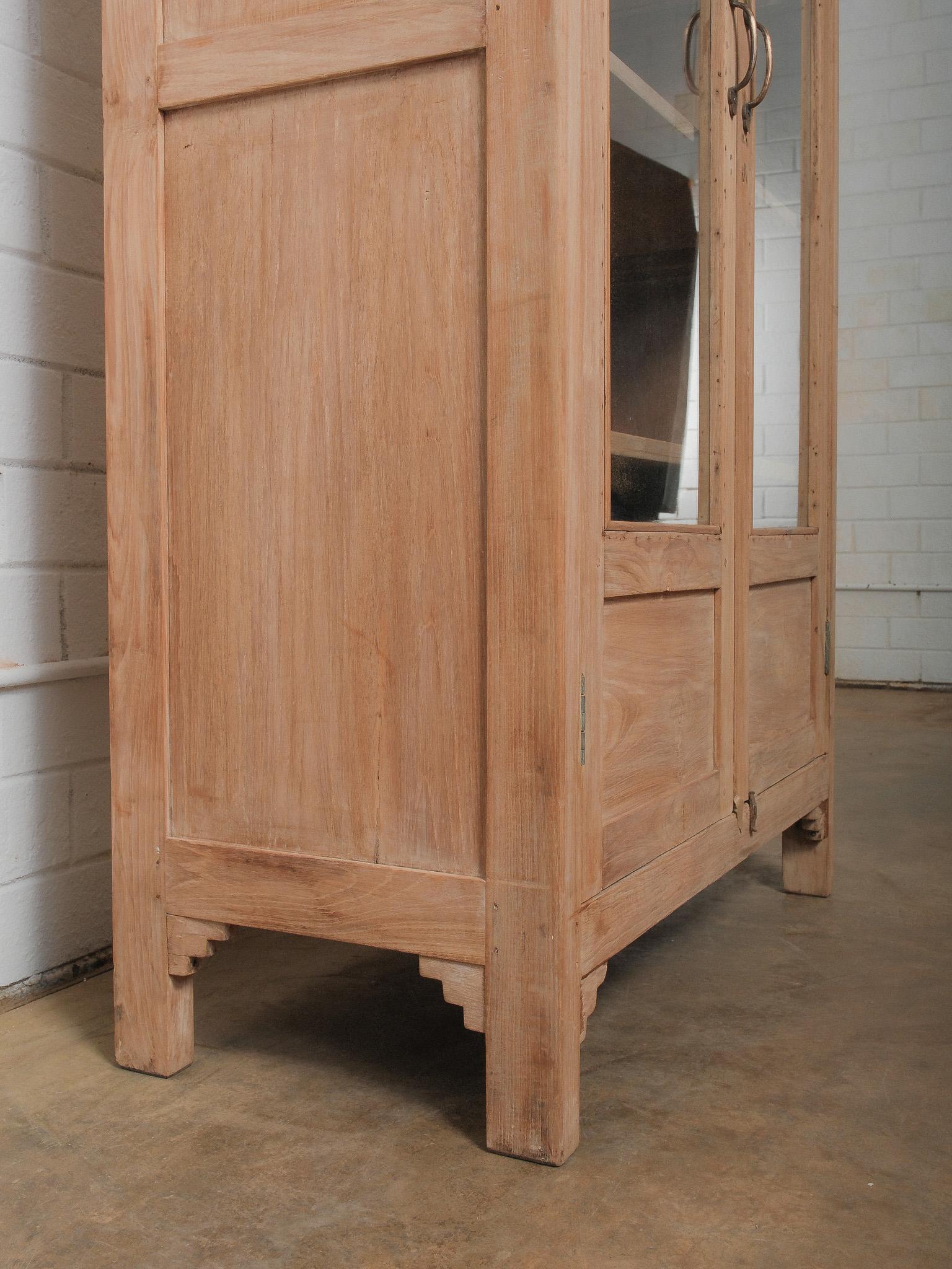 Brass Bleached Wood Glass-Front Display Cabinet For Sale