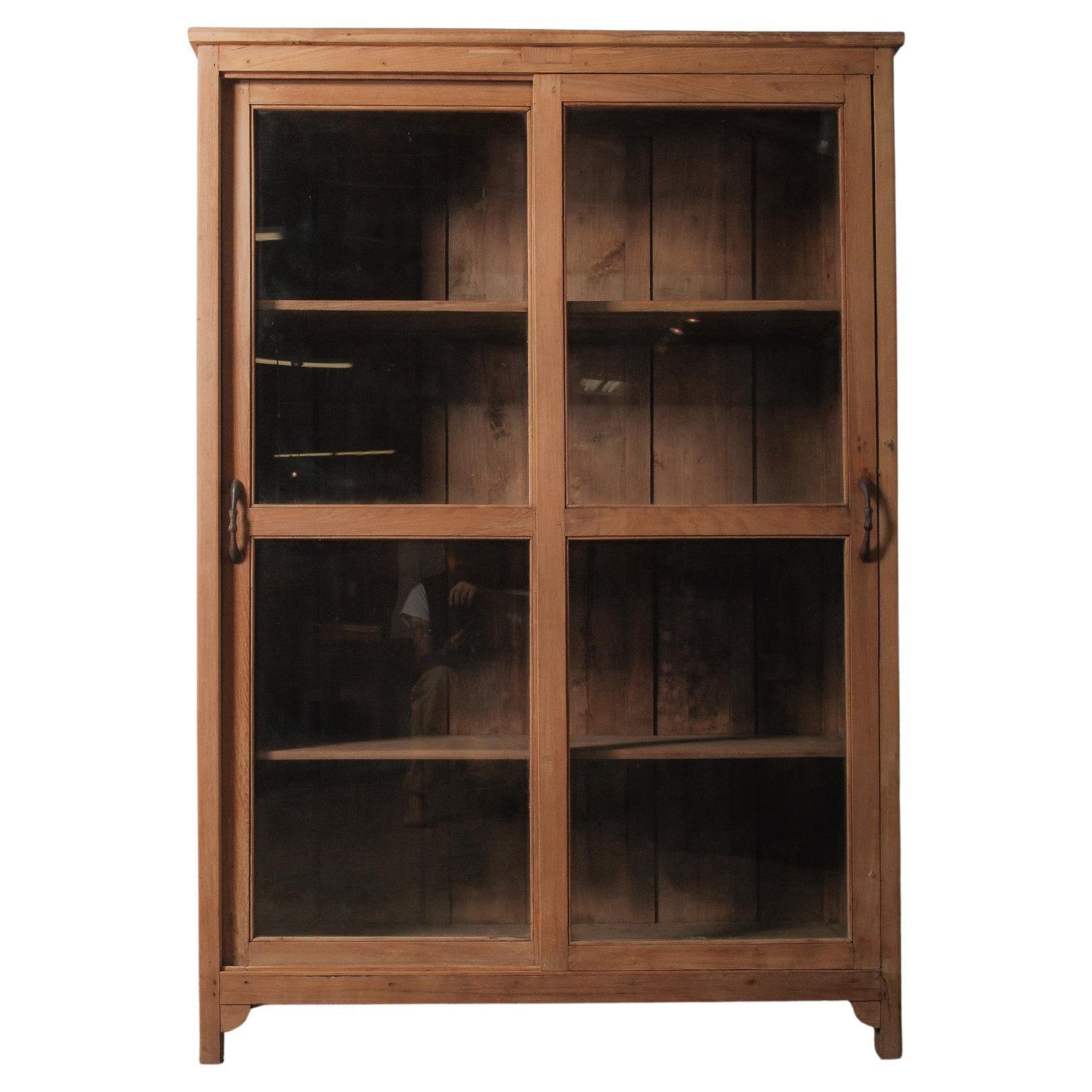 Bleached Wooden Glass-Front Cabinet with Sliding Doors