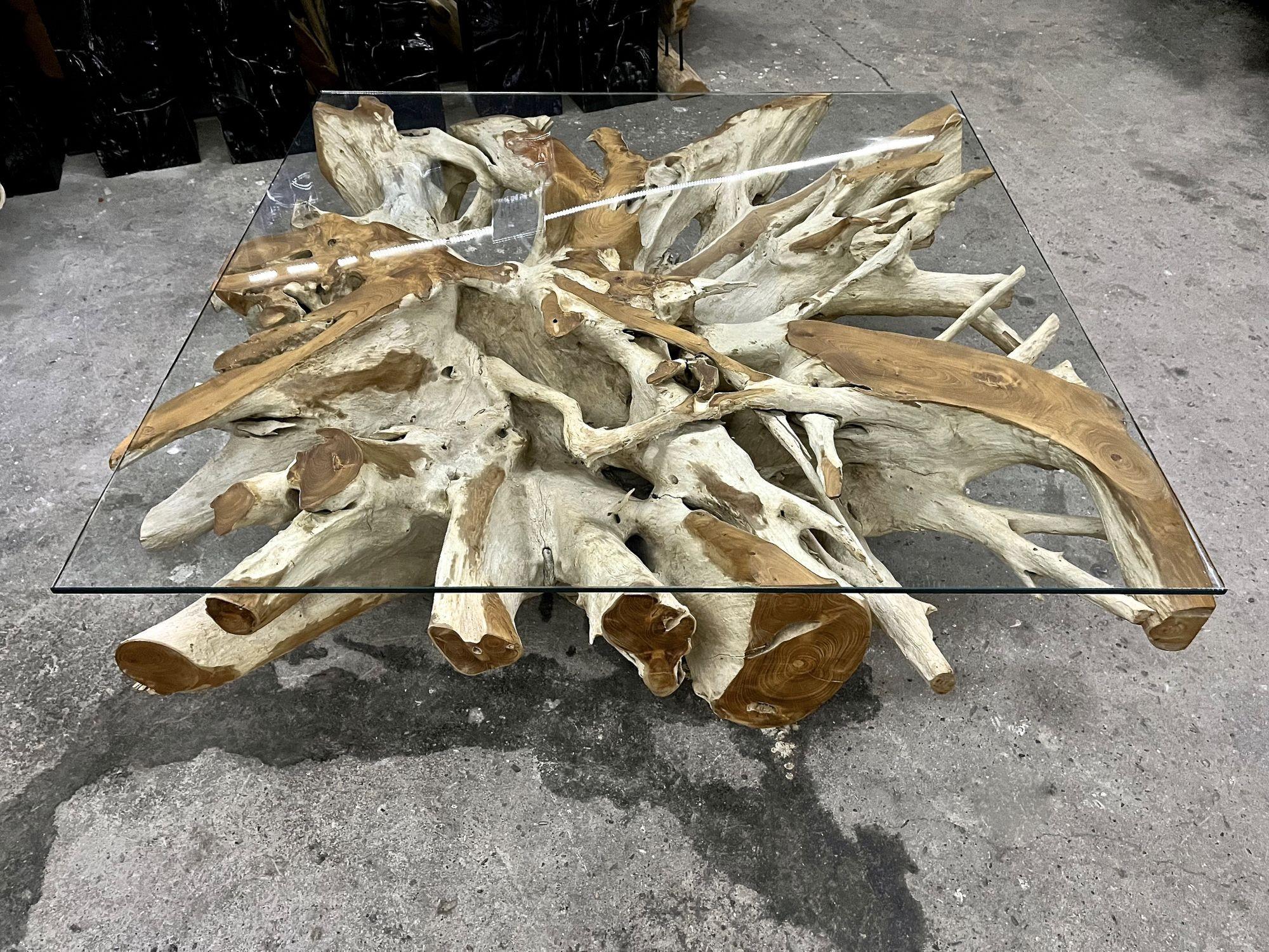 Indonesian Bleeched Teak Root Sofa/ Coffee Table With Safety Glass Plate, Indonesia 2022 For Sale