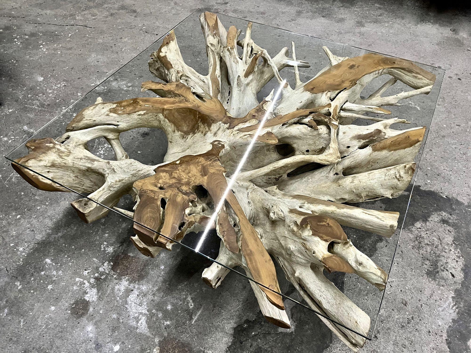 Oiled Bleeched Teak Root Sofa/ Coffee Table With Safety Glass Plate, Indonesia 2022 For Sale