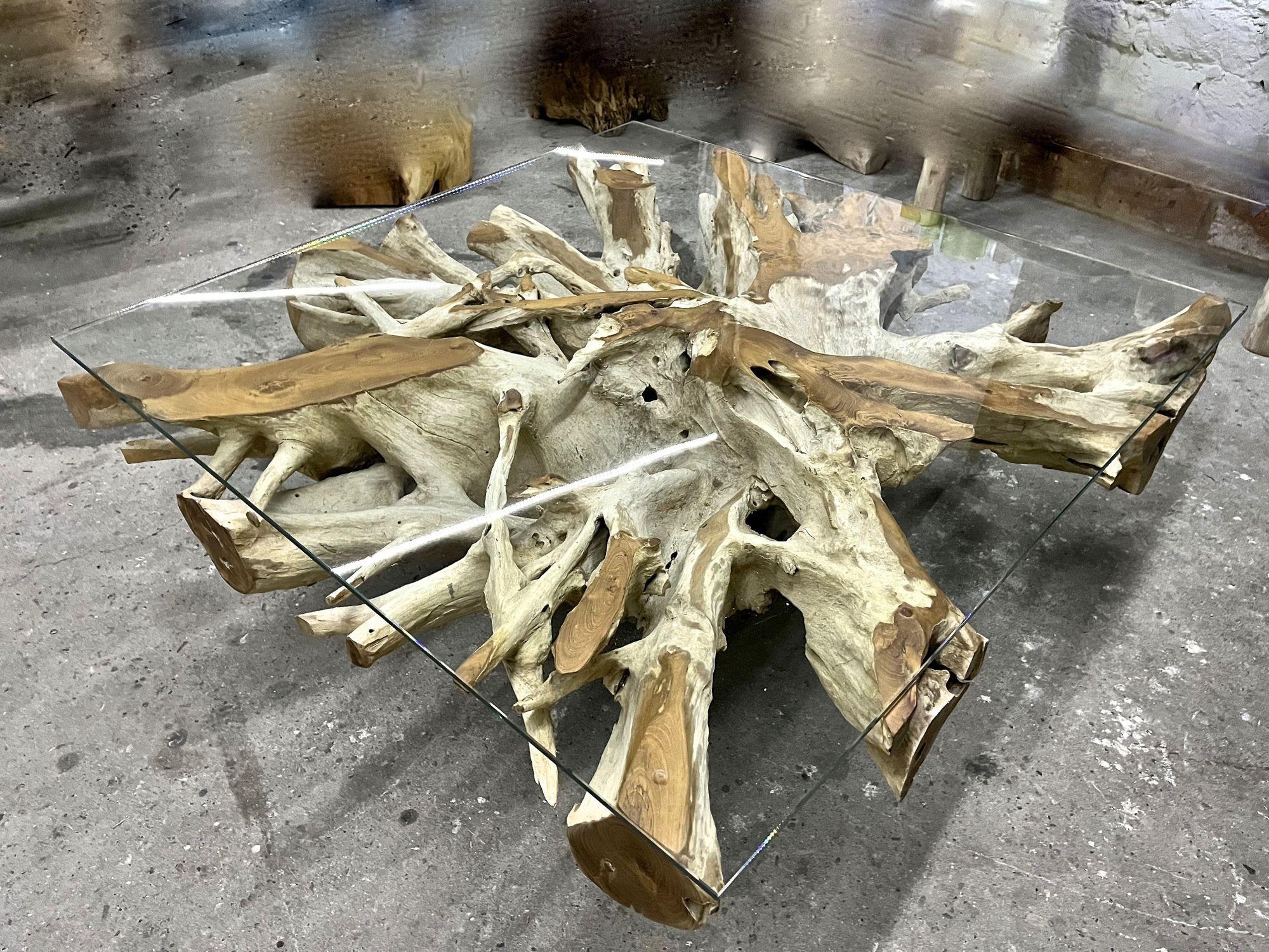Bleeched Teak Root Sofa/ Coffee Table With Safety Glass Plate, Indonesia 2022 For Sale 2
