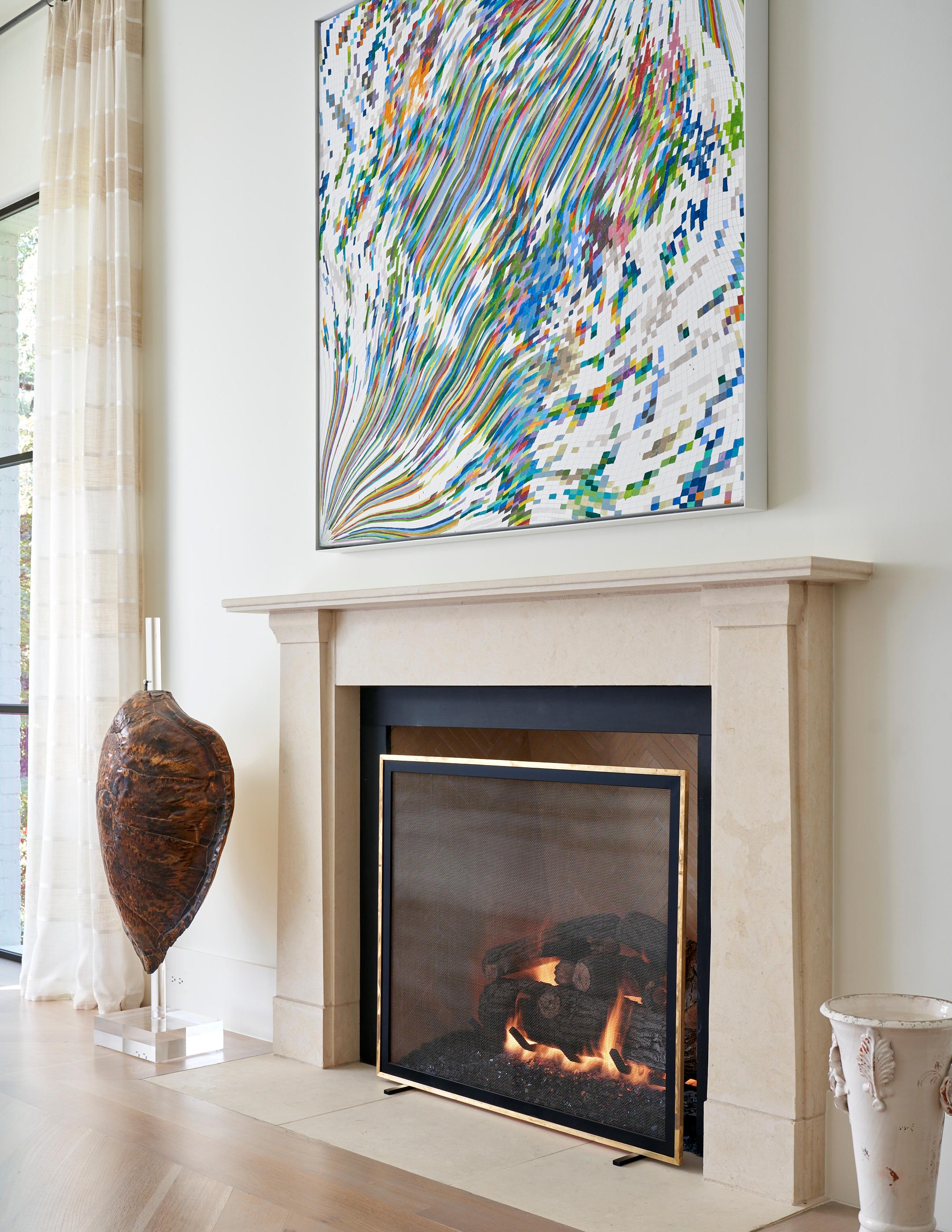 Iron Bleeker Fireplace Screen in Matte Black With Brass Frame For Sale