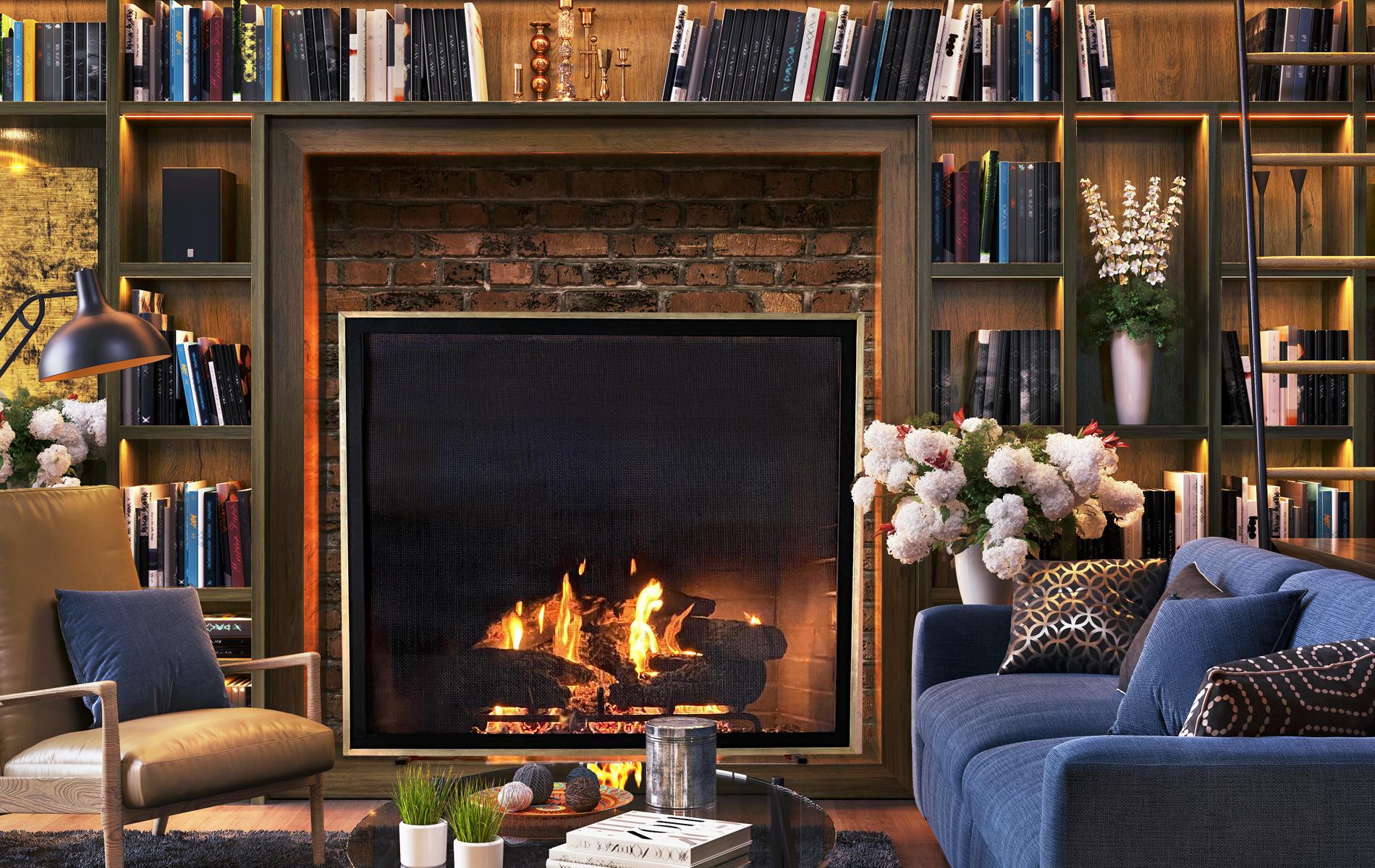 Bleeker Fireplace Screen in Matte Black With Brass Frame For Sale 3