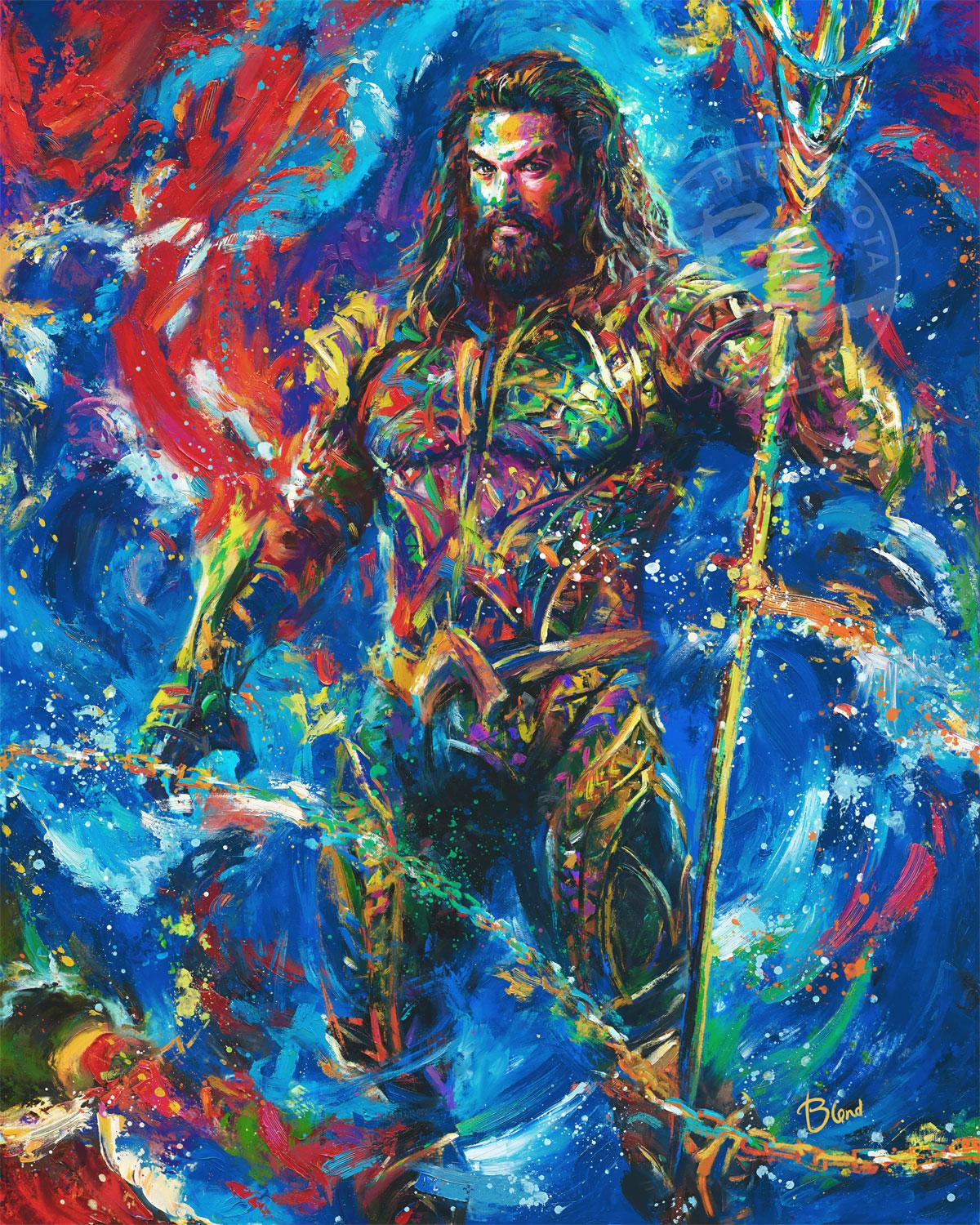 This licensed Blend Cota oil on canvas painting of Jason Momoa as the Aquaman is brought to life utilizing Blend's now famous colorism technique. This painting captures what Jason Momoa brings to the screen when watching his Aquaman movies. This