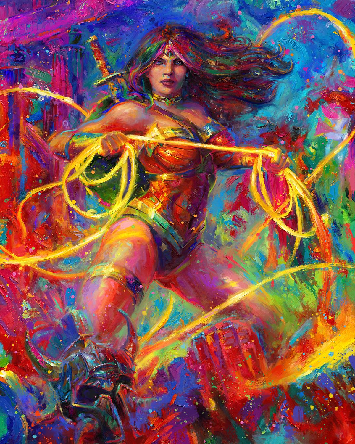 Dieses lizenzierte Blend Cota Öl auf Leinwand Gemälde von Wonder Women - Champion of Themyscria - Öl auf Leinwand wird durch Blend's eigene berühmte Kolorierungstechnik zum Leben erweckt. Dieses Gemälde fängt ein, was Wonder Women  zum Leben
