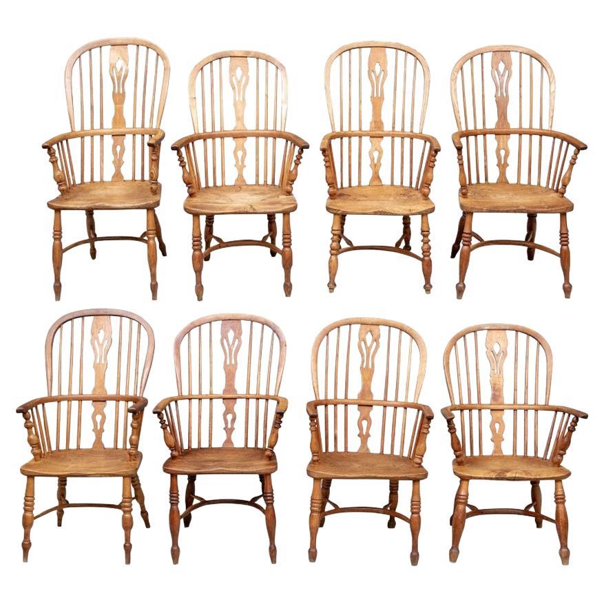 Blended Set of 8 Complimentary Semi Antique Hardwood Windsor Armchairs For Sale