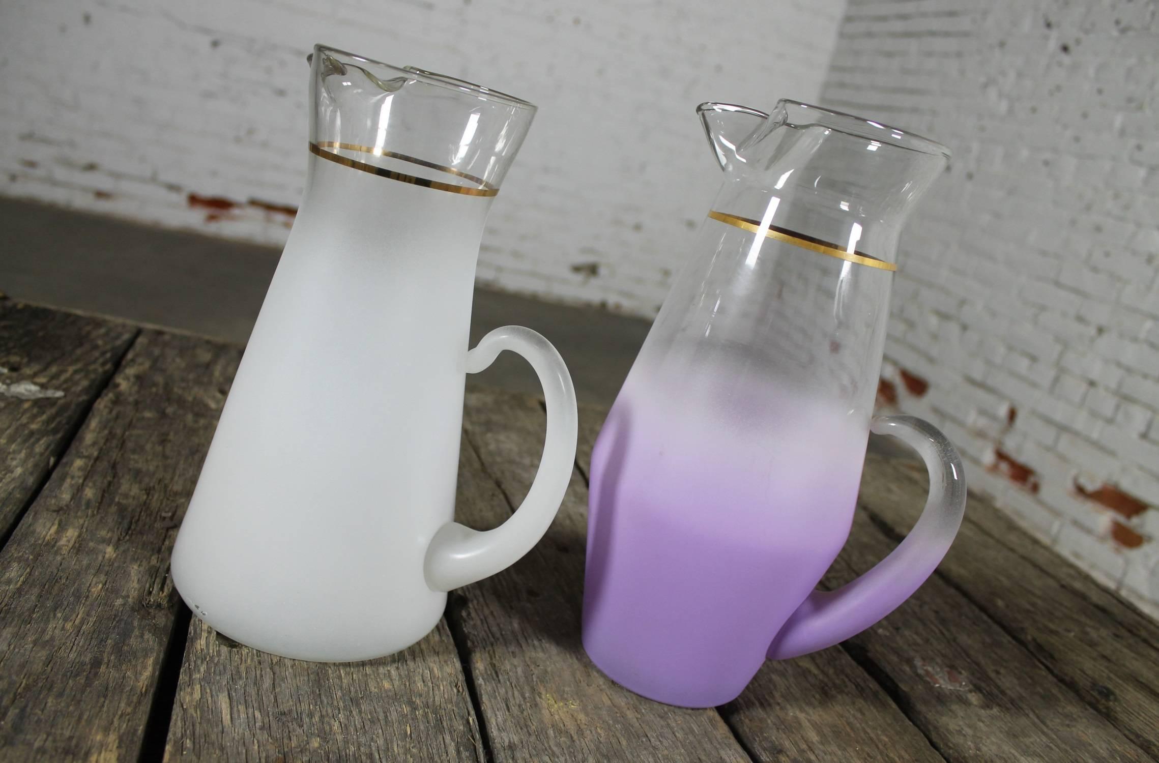 Blown Glass Mid-Century Cocktail Pitchers One White One Lavender West Virginia Glass  For Sale