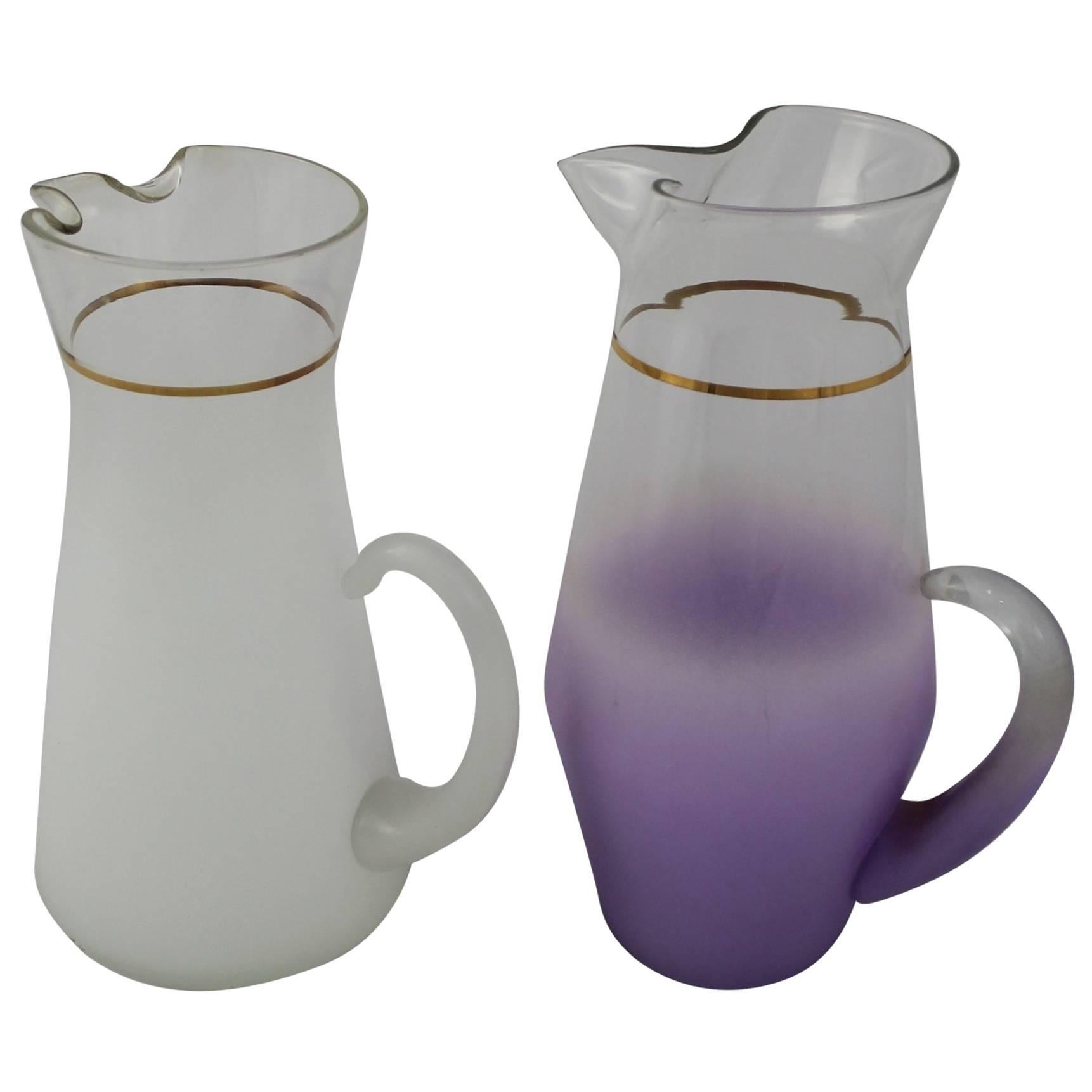 Mid-Century Cocktail Pitchers One White One Lavender West Virginia Glass  For Sale