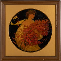 Antique Art Nouveau Signed "Fall Flower Harvest" Young Woman Portrait Painting