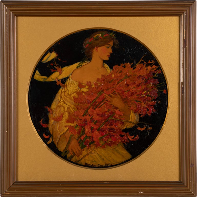 Antique original art nouveau painting by Blendon Reed Campbell (1872 - 1969).  Oil on board, circa 1900.  Signed.  Image size, 14L x 14H.  Housed in a period frame.
