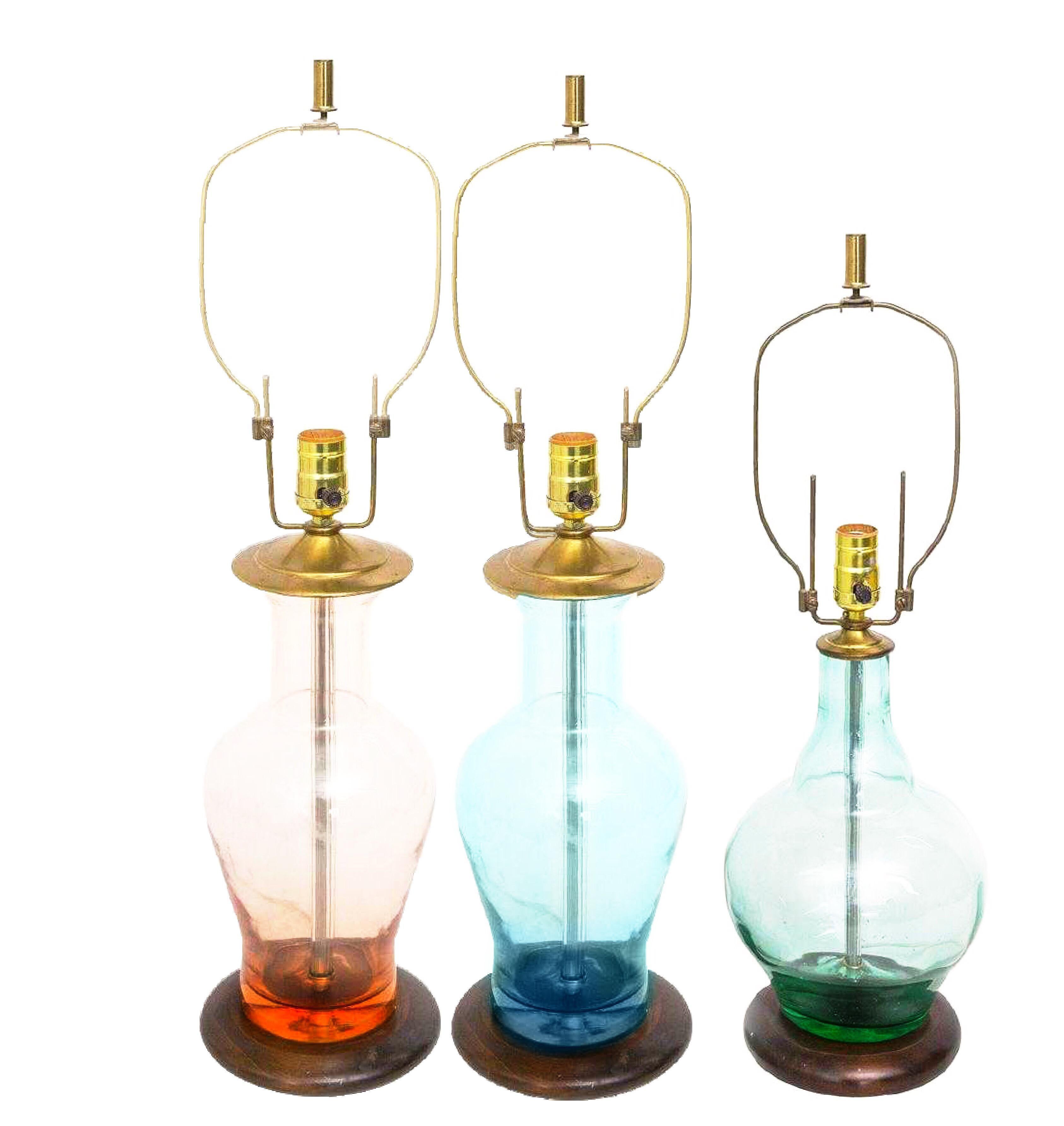 Blenko Art Glass Midcentury Blush Peach Walnut Table Lamp Scandinavian