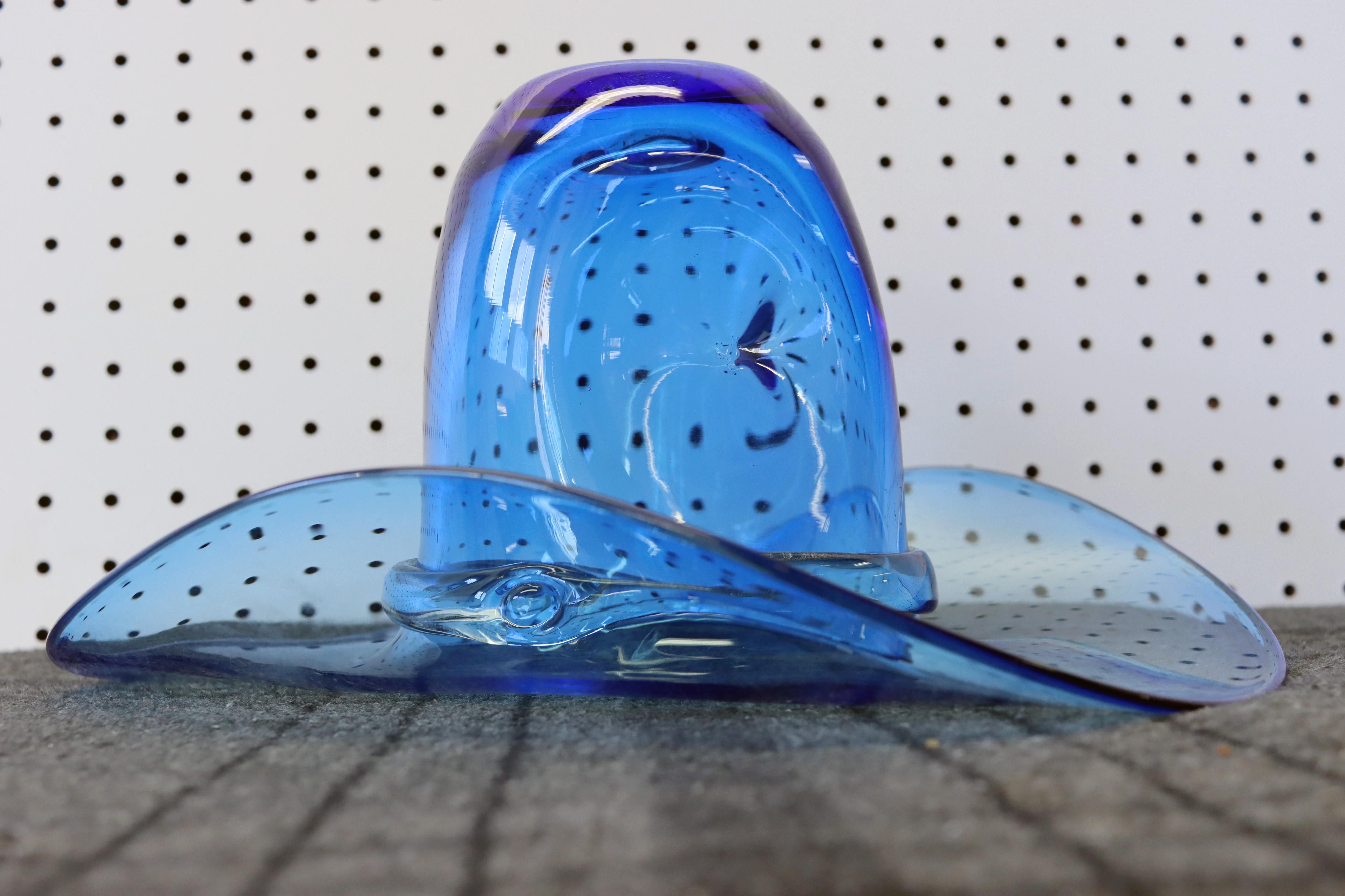 Blenko Blue Art Glass Cowboy Hat In Excellent Condition In Media, PA