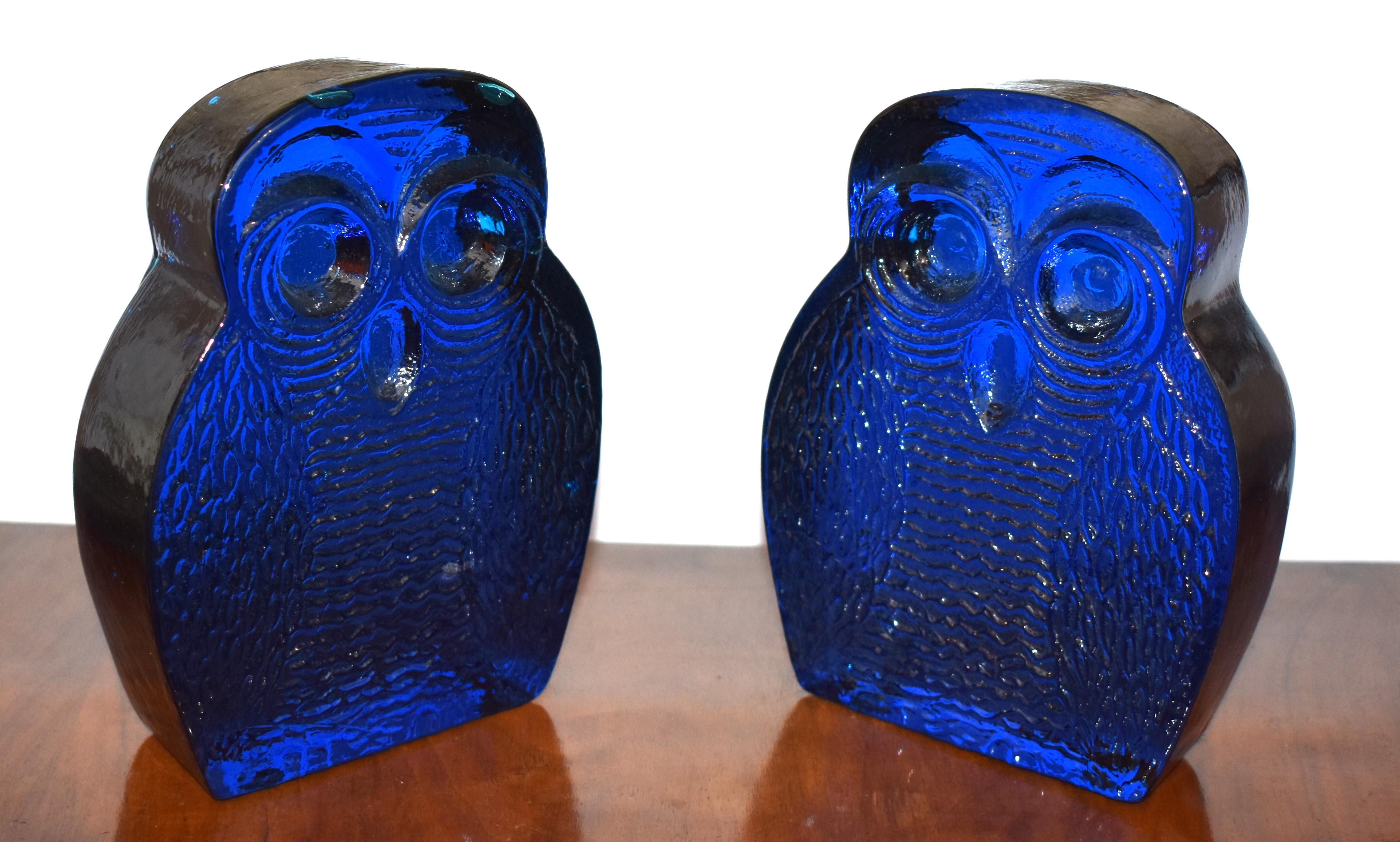 1960s Modern Blenko glass owl bookends Joel Myers, USA.
