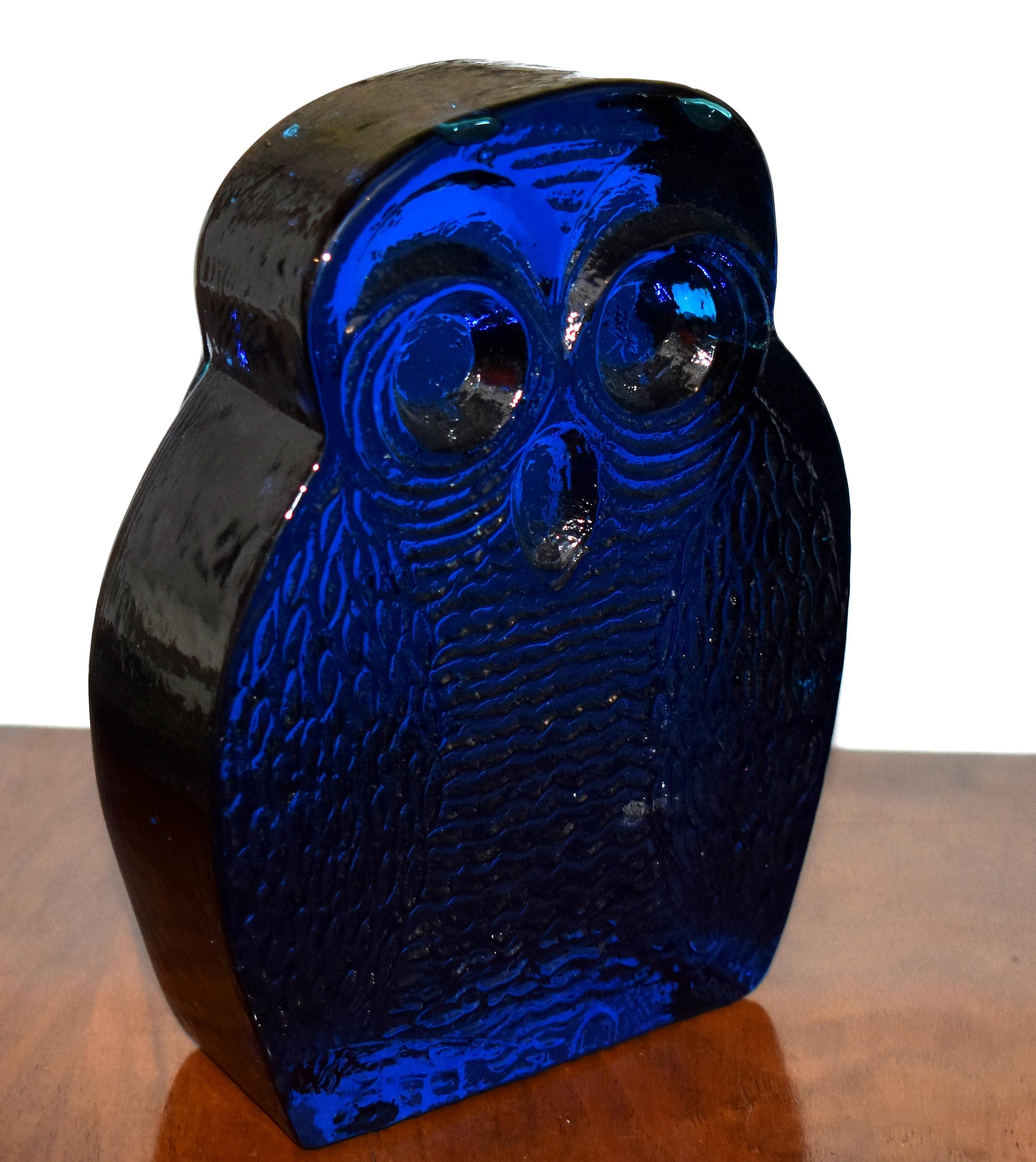 Mid-Century Modern Blenko Blue Glass Owl Bookends by Joel Myers