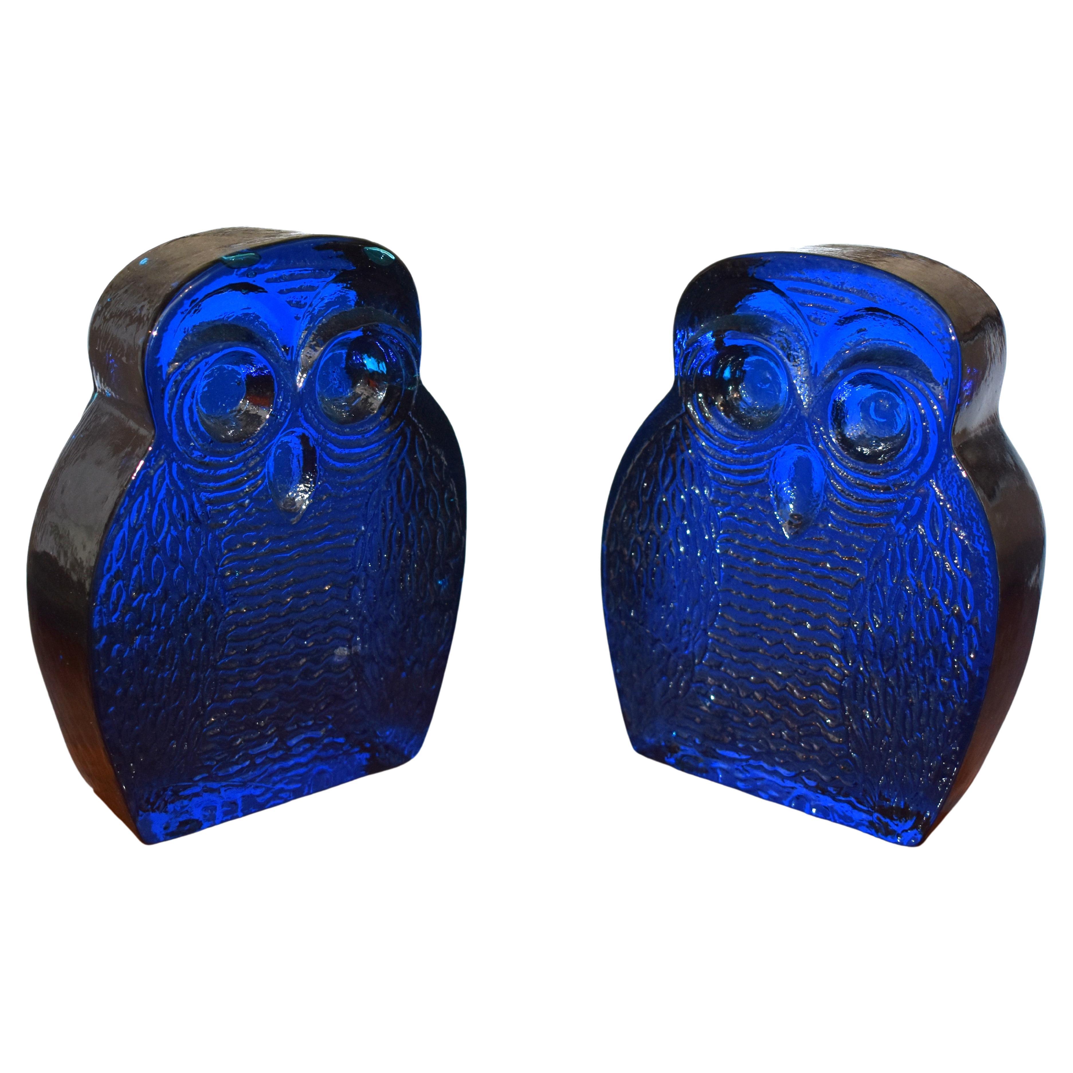 Blenko Blue Glass Owl Bookends by Joel Myers