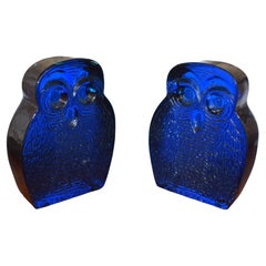 Serre-livres hibou en verre bleu Blenko de Joel Myers