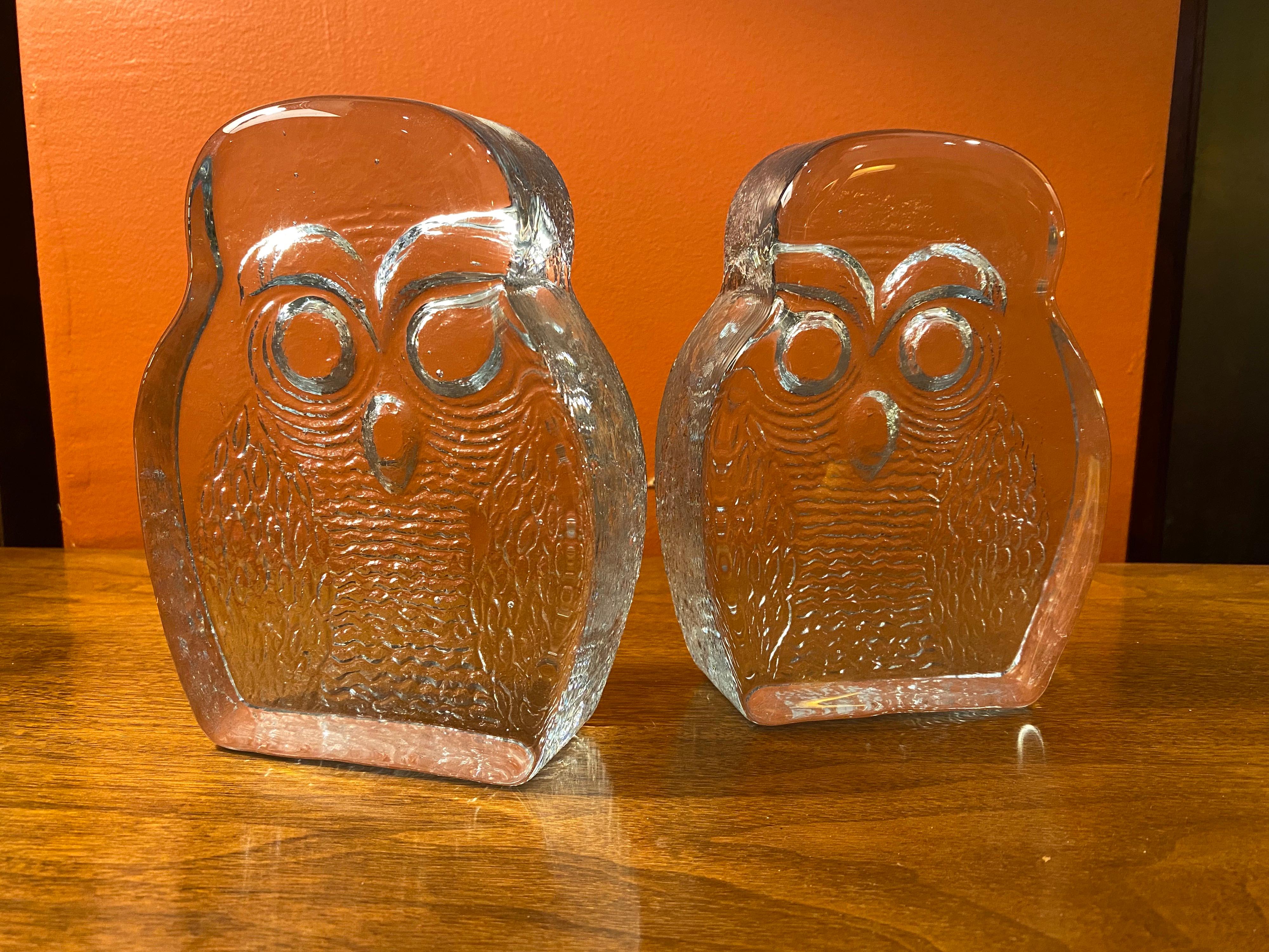 1960s handcrafted pair of thick clear solid glass bookends designed by Joel Myers for Blenko. No label.