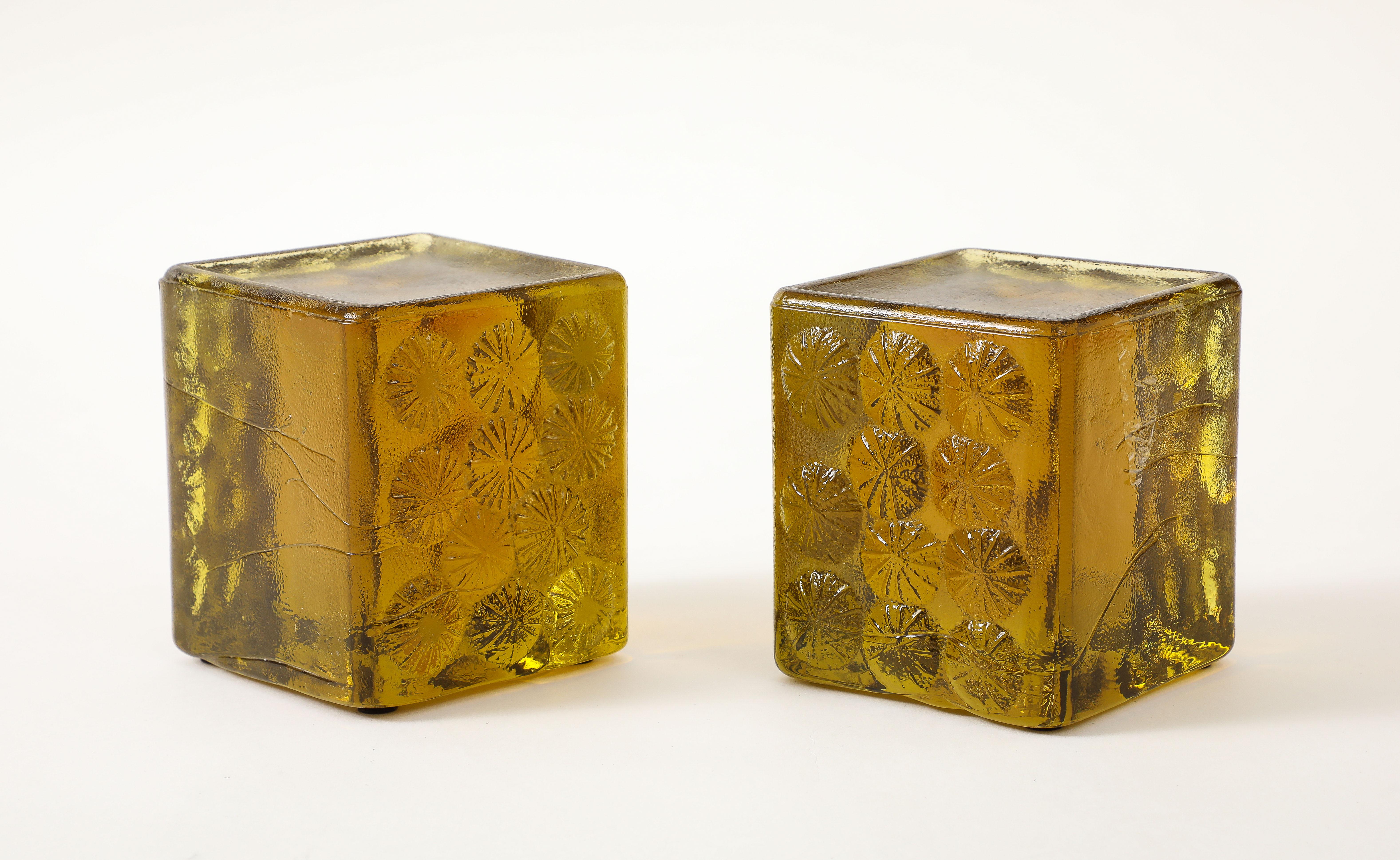 Mid-Century Modern Blenko Chartreuse Green Glass Block Bookends