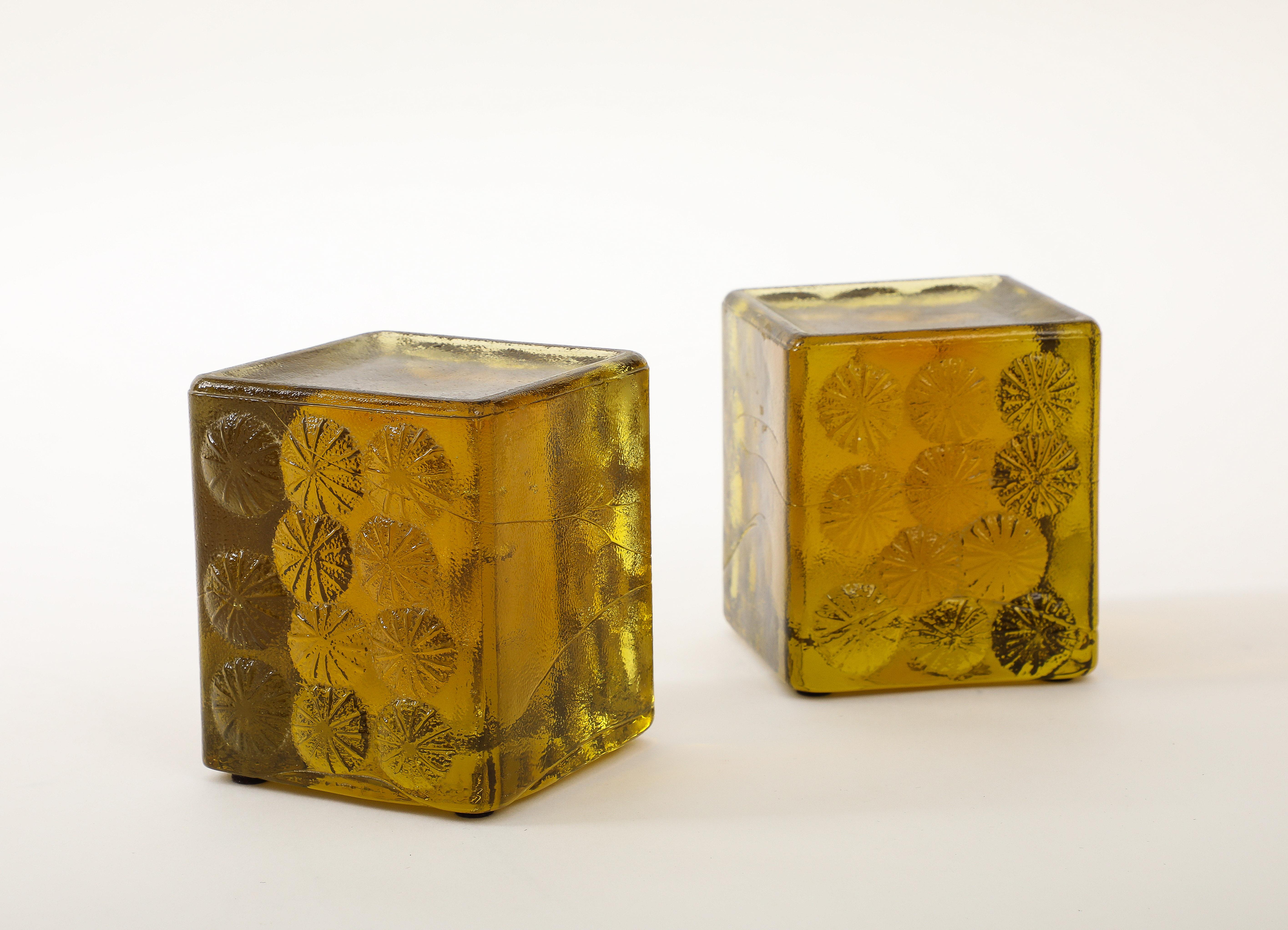 American Blenko Chartreuse Green Glass Block Bookends